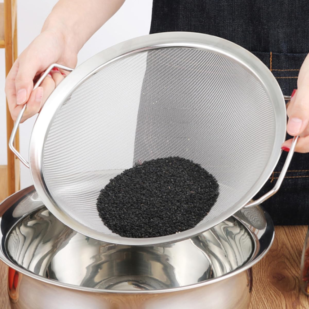 Colador Doble de Inoxidable de Acero Asa para Malla Cocina | Plata, Lavado y Filtrado de Arroz, Uso en Hogar Verduras y Frituras Pequeñas