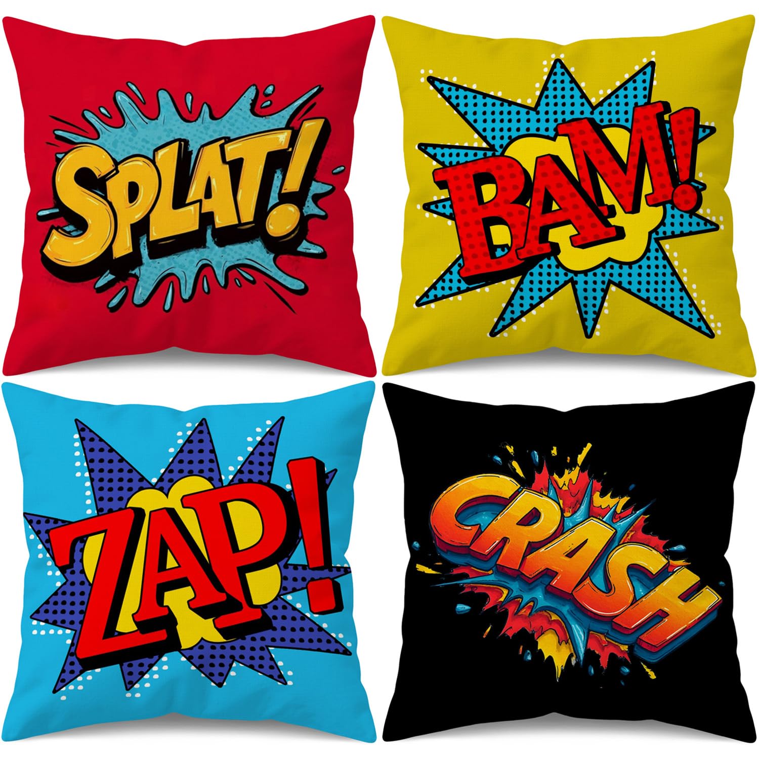 Qinqingo Set of 4 Super Hero Comic Throw Pillow Covers 18x18 Inch, Colorful Pop Art Decorative Cushion Covers with Splat Bam Zap Crash Designs for