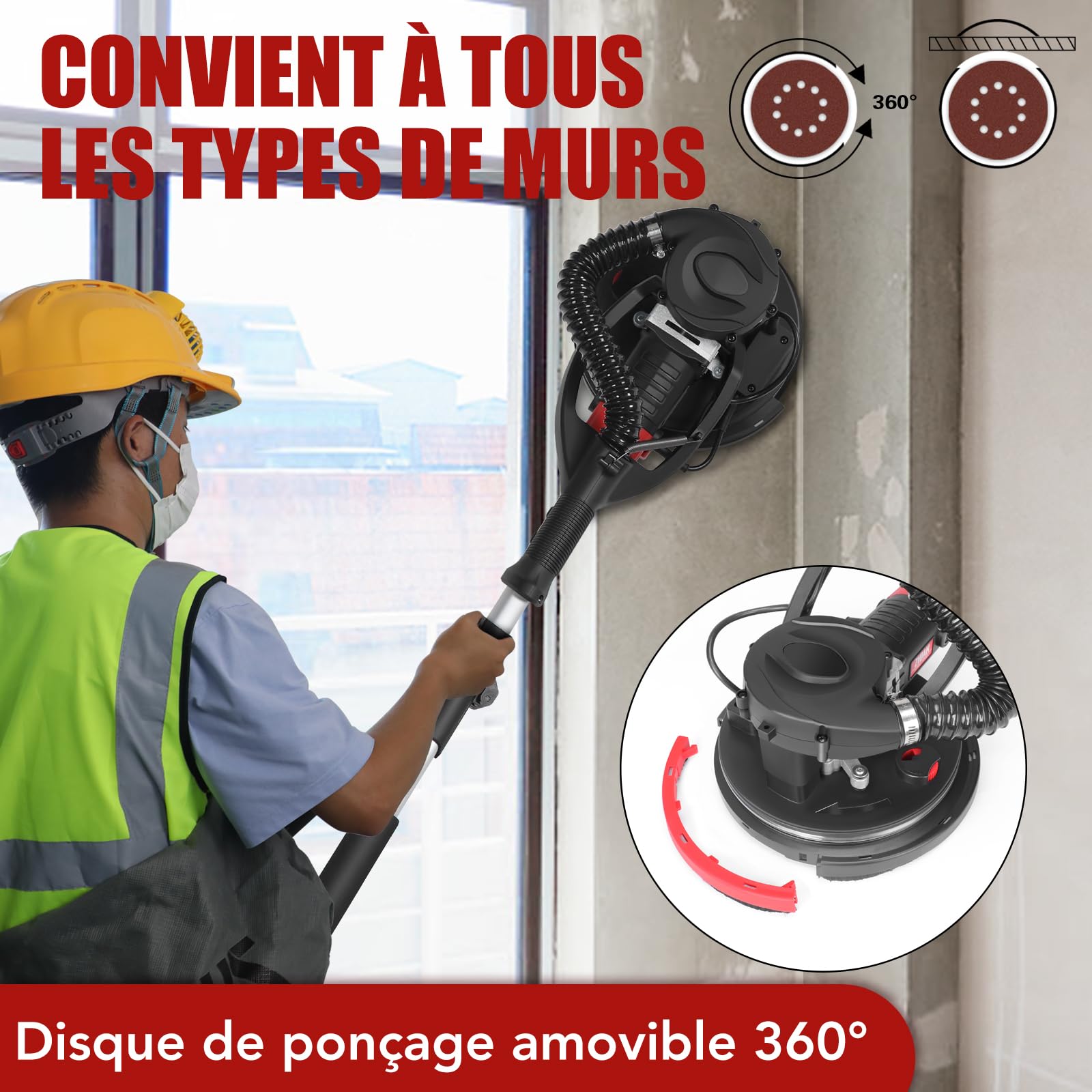 Ponceuse Girafe (880W) avec Aspiration de Poussière,1000-2100 RPM 5 Vitesses,Polissage en Angles Morts, Manche Télescopique,LED,Outil de Retrait de Plafond Popcorn【Compatible Aspirateurs】