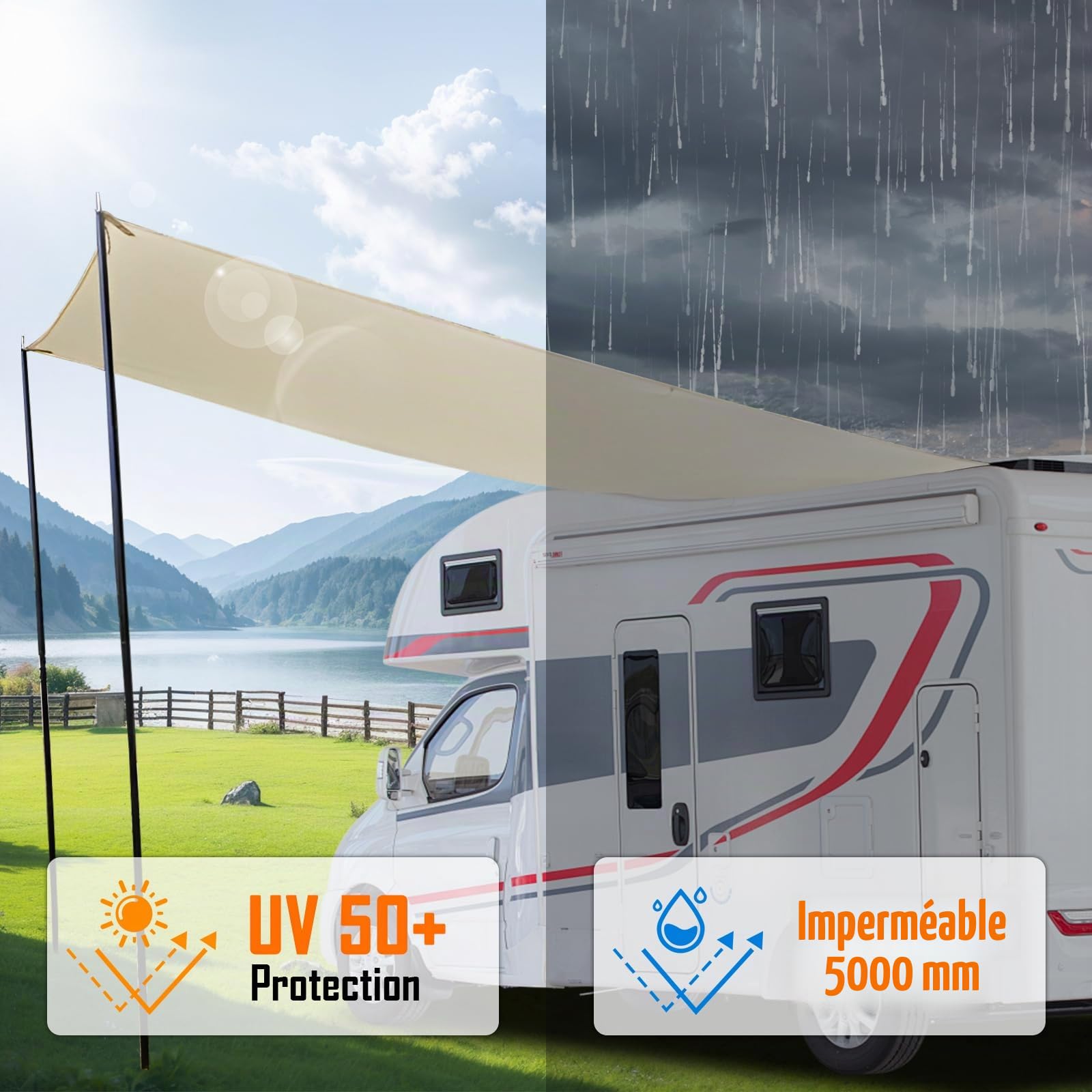 LIROPAU Auvent Caravane Travel, Motorhome Tarp avec 2 Piquets de Tente, 2 Ventouses, 4 Cordes à Vent, 4 Piquets de Sol pour Campeur, CampingCar, Van – 2 m (H) x 4,3 m (L)