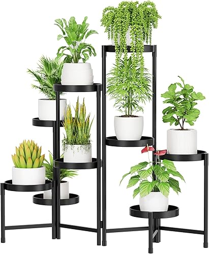 Soporte de metal de 9 niveles para interiores y exteriores, estante plegable alto para múltiples plantas, soporte para macetas de esquina