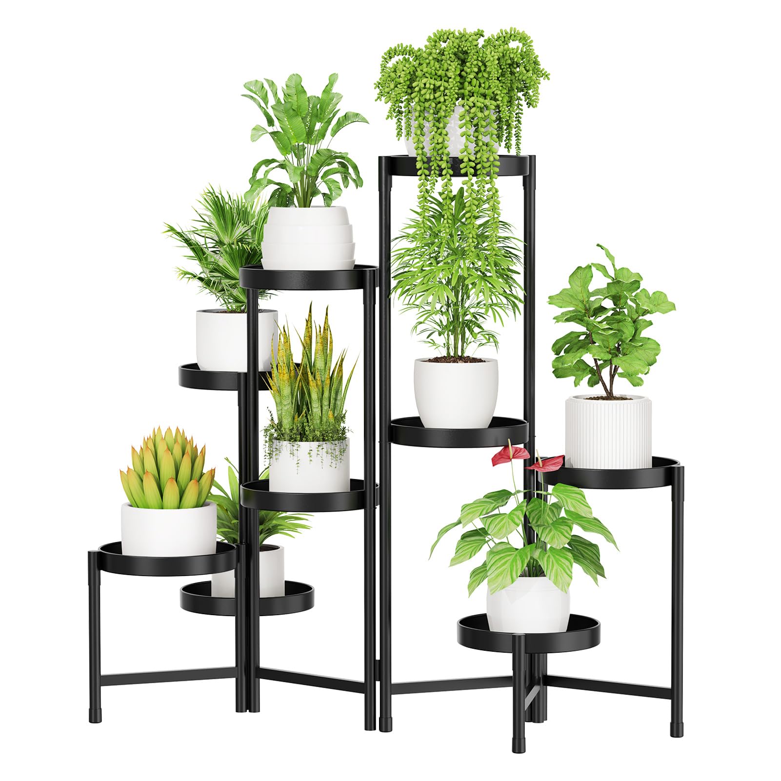 9 Tier Metal Plant Stand Indoor Outdoor, Foldable Tall Flower Stand Shelf for Multiple Plants, Tiered Corner Planter Holder Plant Pot Display Rack for Living Room Balcony Garden Patio(Black)