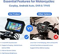 Vista 4 de DVR de motocicleta: Apple Carplay inalámbrico, Android Auto, TPMS, cámaras Dual HD 1080P, GPS, sensor G, Siri y Google Voice, pantalla táctil IPS