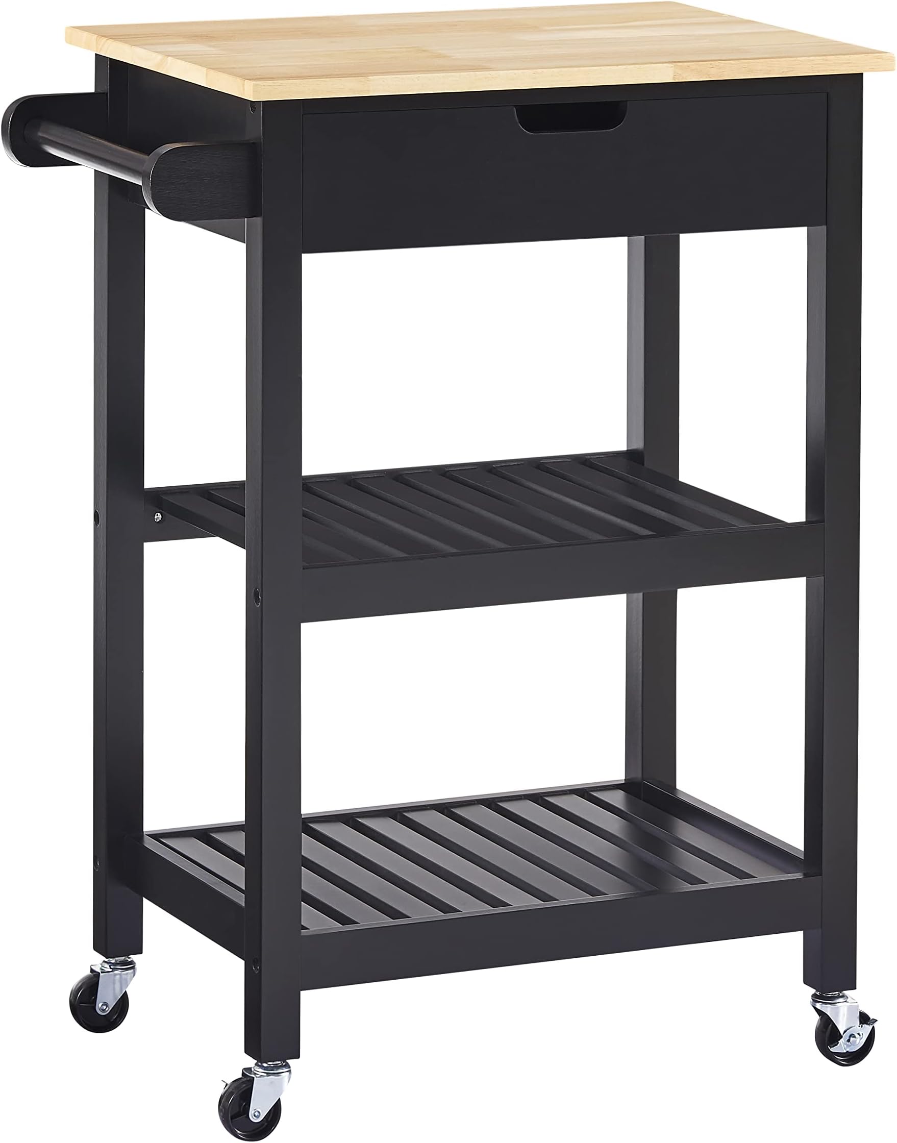 conifferism Black Microwave Cart, Small Kitchen Island on Wheels with Wood Top and Drawer, Multipurpose Utility Cart with Open Storage Shelf for Small Places