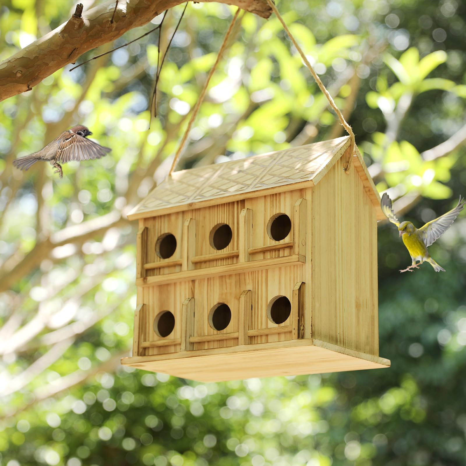 Casas para pájaros para exteriores, 6 agujeros para 6 familias de pájaros, casas de pájaros para exteriores, casa grande de colibríes (madera, juego 1)