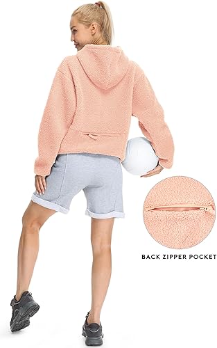 Miniatura 2 de icyzone Chaqueta de forro polar Sherpa con capucha y media cremallera para mujer, sudadera cálida y mullida de gran tamaño con bolsillos