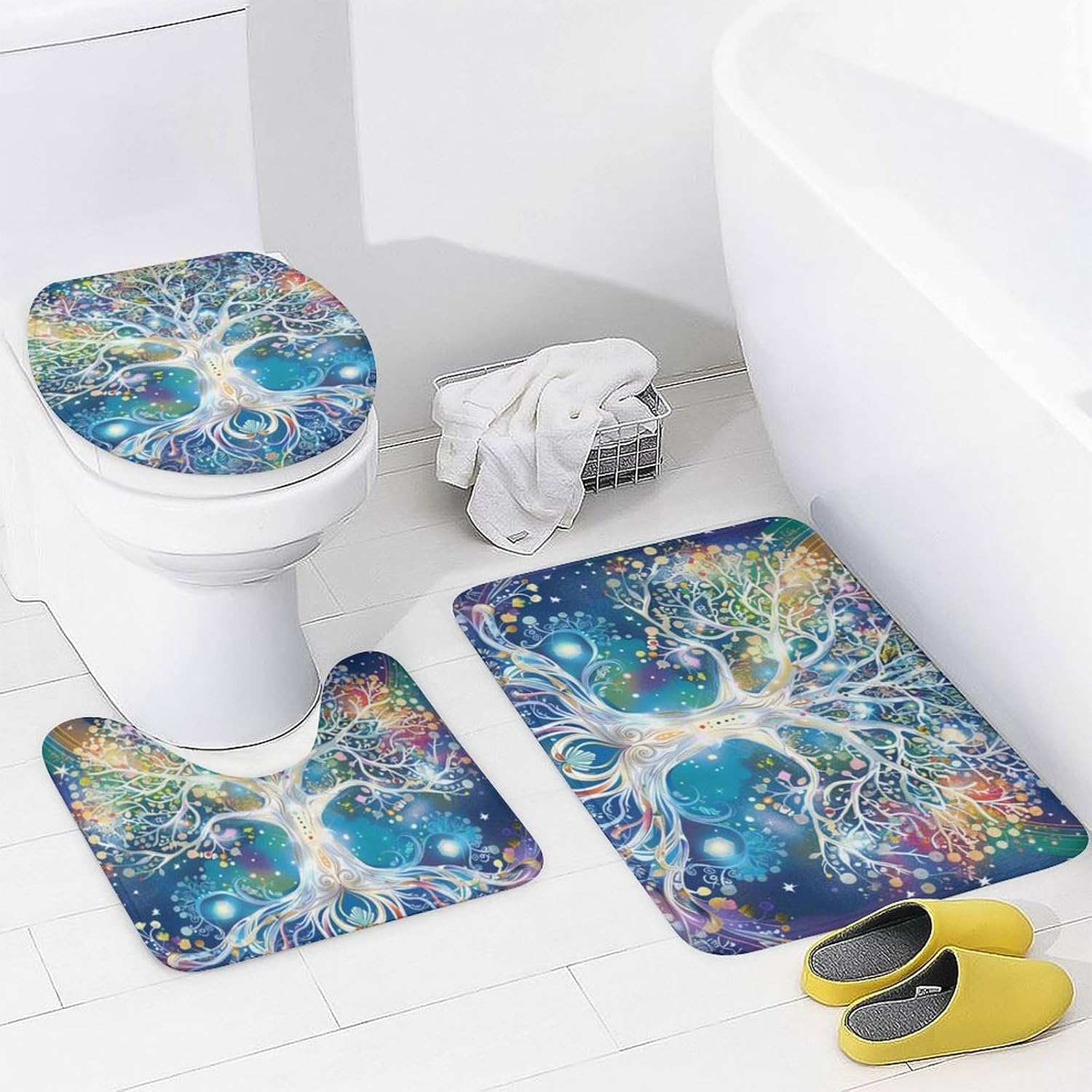 4Pcs Dreamy Tree Shower Curtain Set with Rugs, Toilet Lid Cover and Bath Mat, Glam Colorful Nature Plant Branches Bathroom Curtains Decor Shower Curtains, 72" x 72"