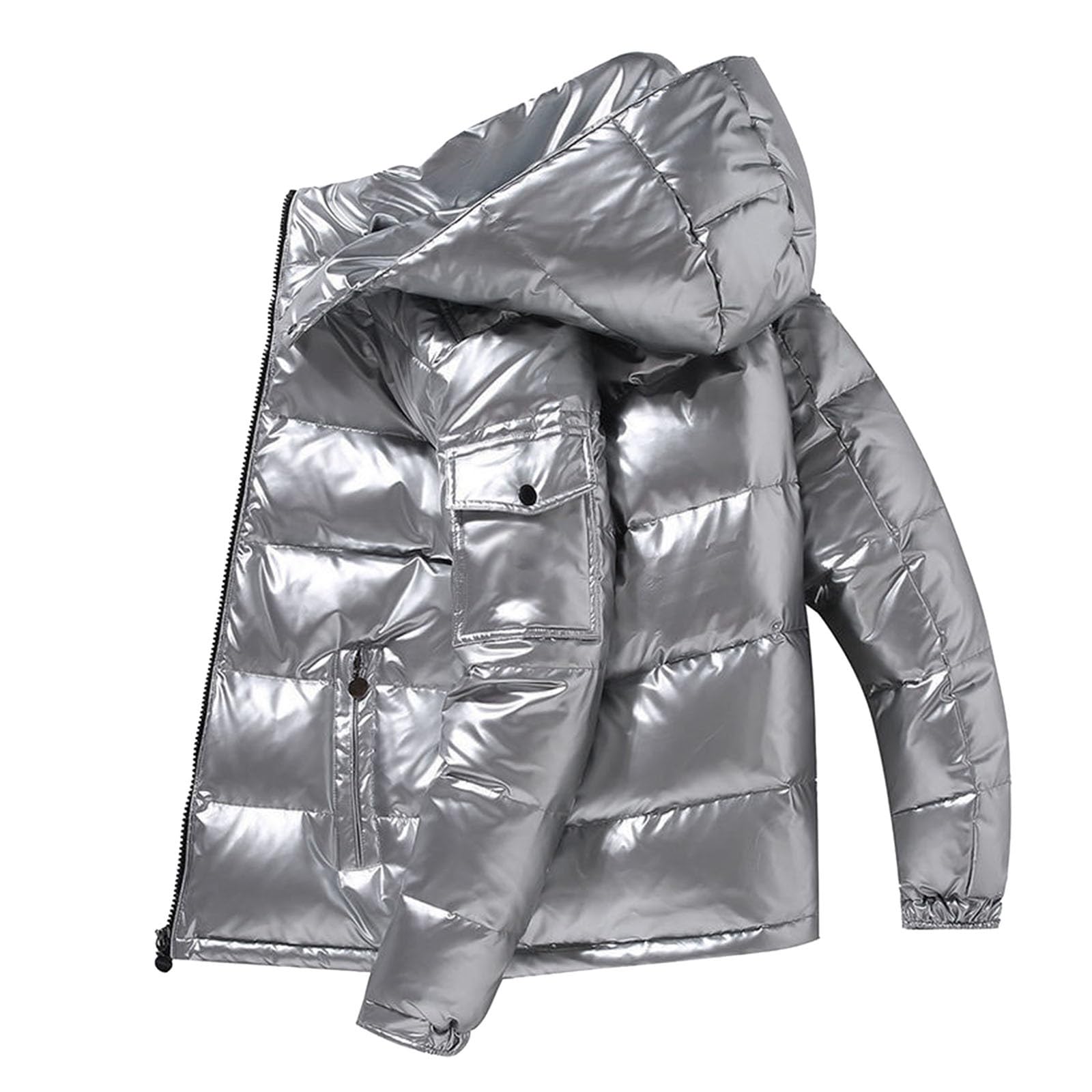 Generisch Piumino da uomo lucido caldo giacca invernale moda argento lucido giacca trapuntata calda imbottita con cerniera giacca con cappuccio tinta unita colletto alto giacca termica per esterni