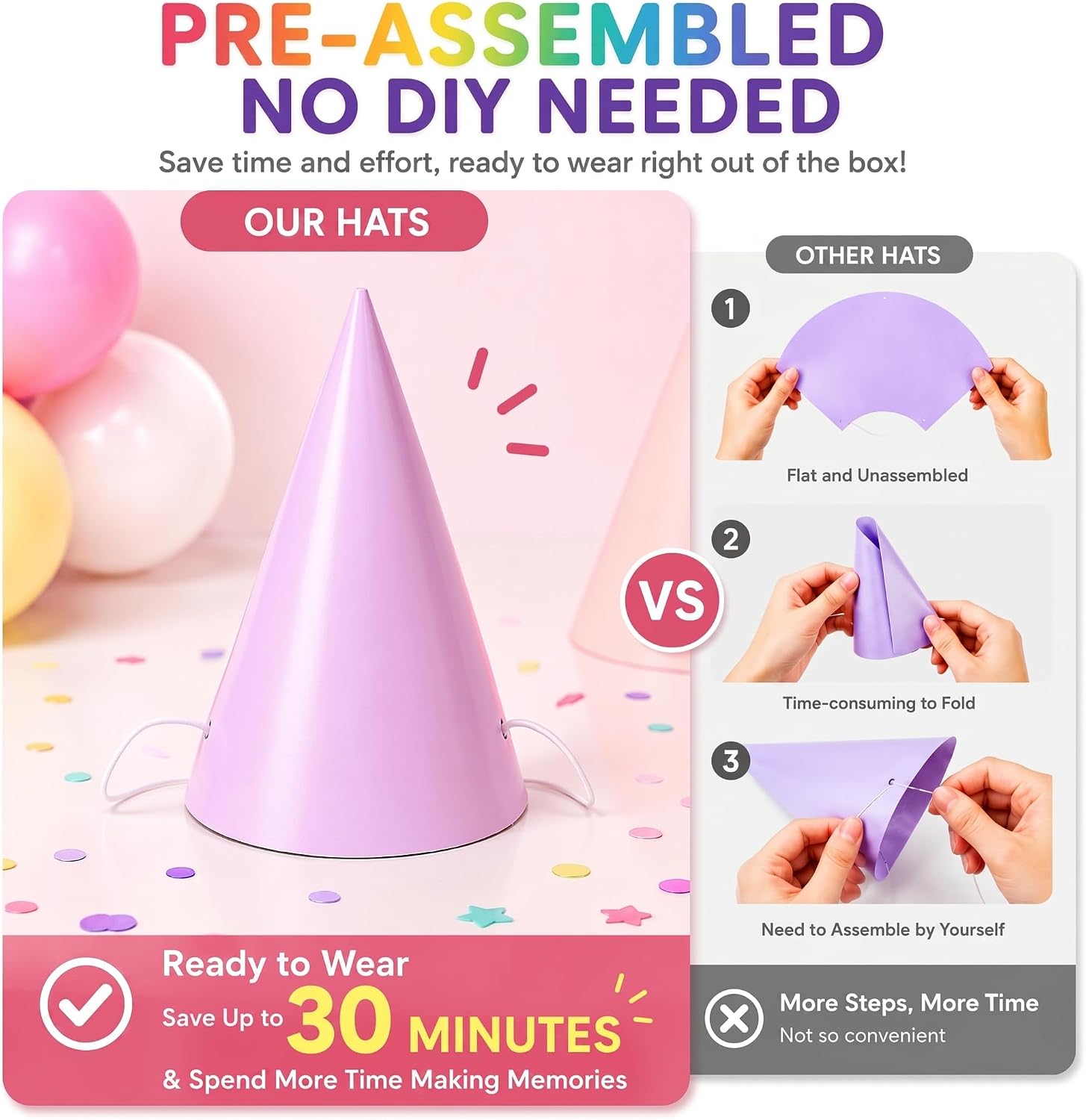 Pre-Assembled Pastel Party Hats for Adults: 24 Pack Cone Birthday Hats with Elastic Strap, Decoration for Celebration