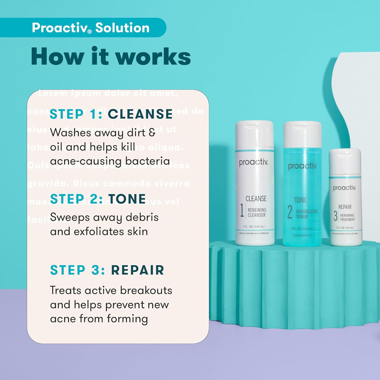 Proactiv 3 Step Acne Treatment System, 60 Day Complete Skincare Kit with Benzoyl Peroxide Cleanser, Toner, Repairing Treatment, and 15‑Count Pimple Patch