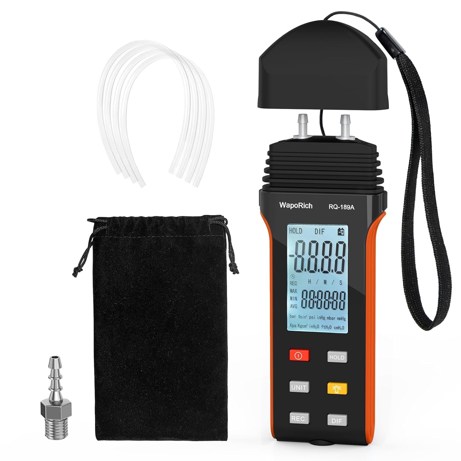 Manometer Air Pressure Meter, WapoRich Dual-Port HVAC Gas Pressure Tester ±30Psi/206.8Kpa ±0.3% with 11 Selectable Units of Differential Pressure Gauge, Backlight and Data Record