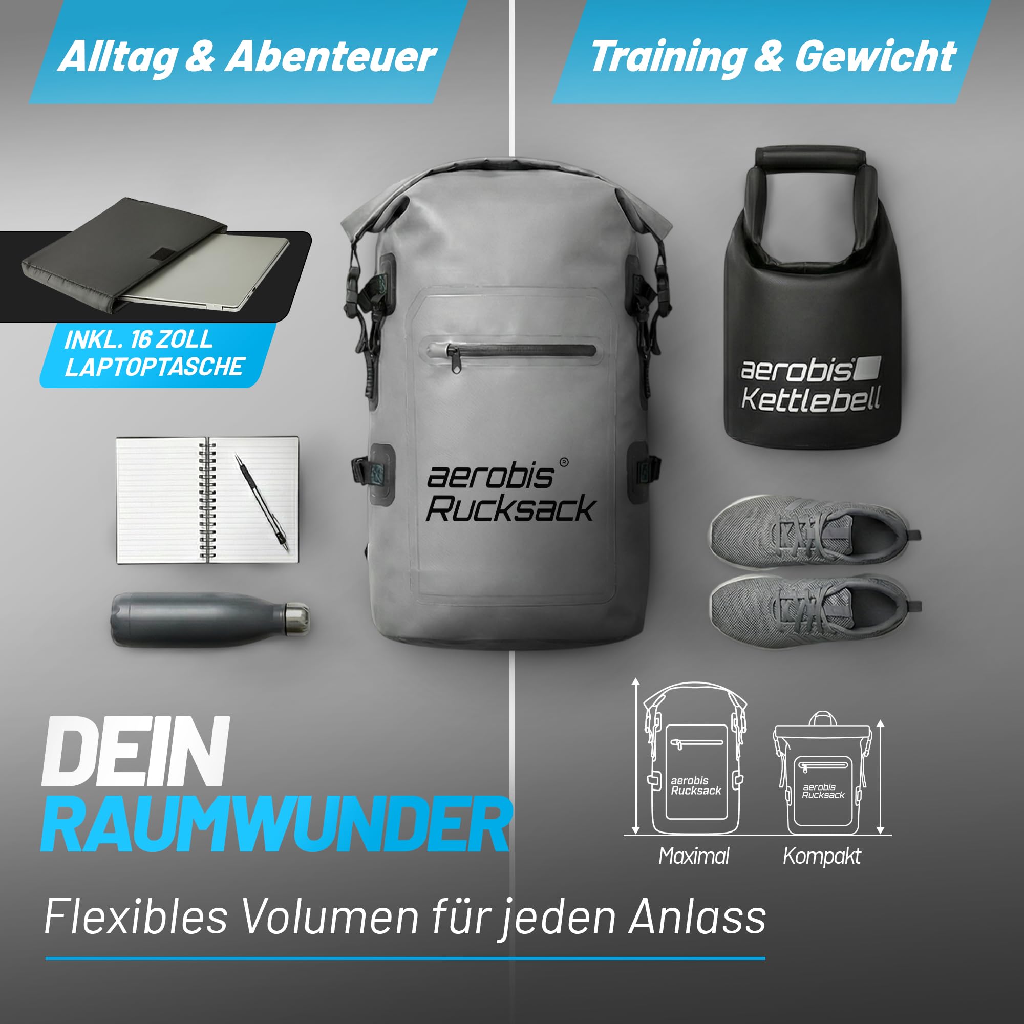 aerobis® Rucksack wasserdicht - 100% mit Rolltop Verschluss | Ideal für Wandern, Büro & Fitness - vielseitiger Sportrucksack - Inkl. verstärkter Rückenteil - für Herren & Damen