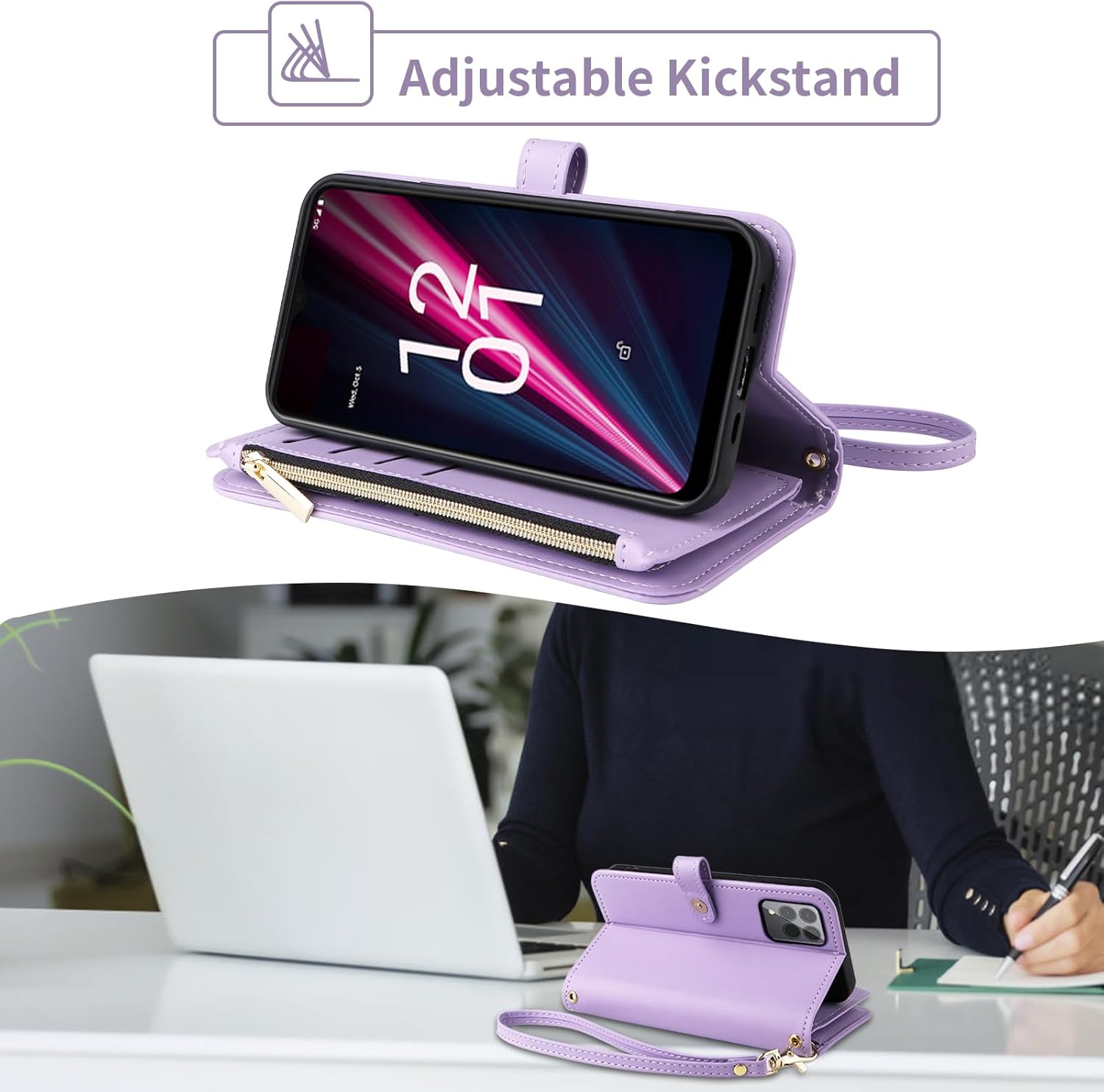 Wallet Case for T-Mobile Revvl 6 Pro/6X Pro 5G with Wrist Strap Flip Zipper Credit Card Holder Soft Stand Cell Phone Cover for Tmobile Revel X Tmo Revell T Mobile Rebel TCL Women Girls Purple