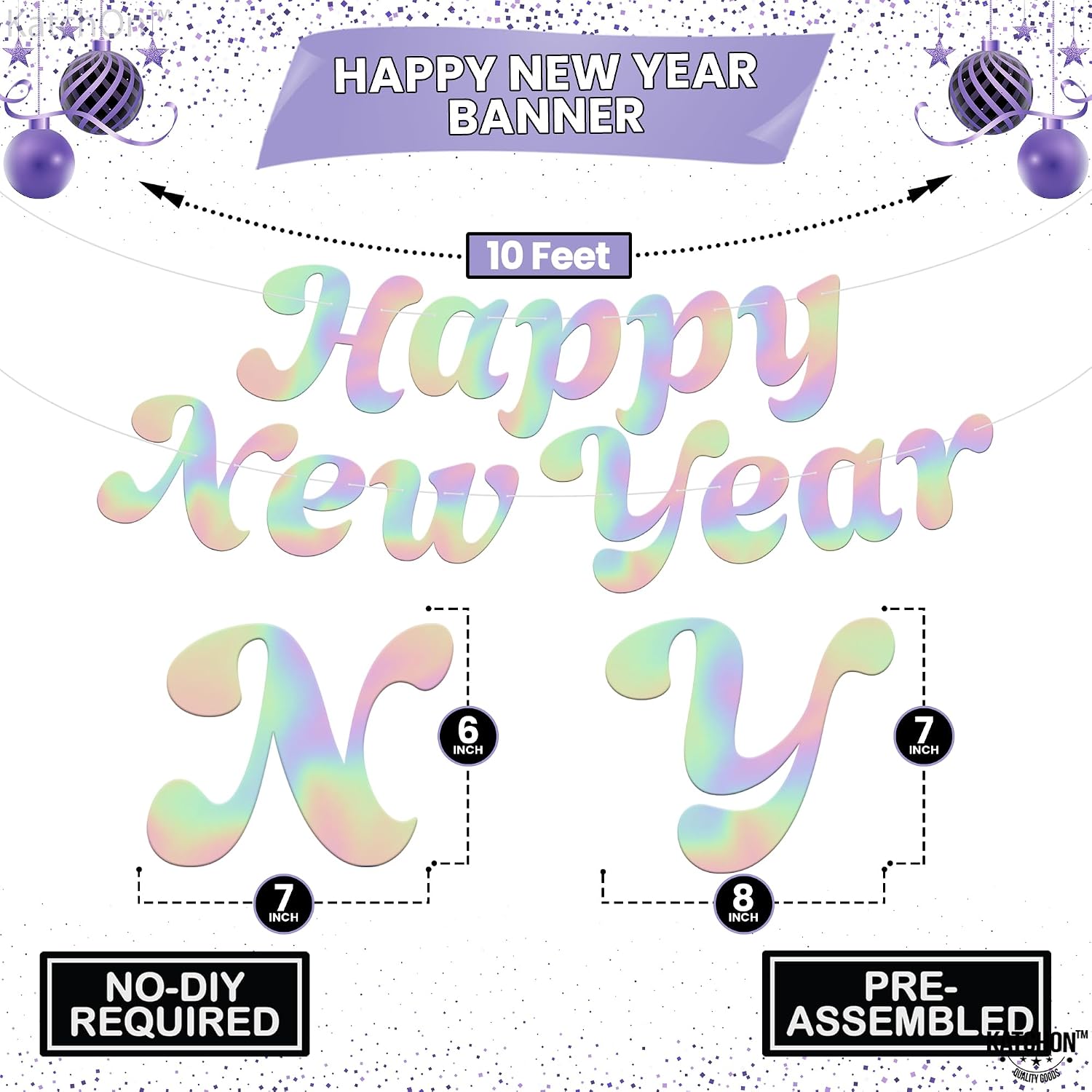KatchOn, Iridiscent Happy New Year Banner - Pre-Strung, 10 Feet | Happy New Year Sign for Neon New Years Eve Party Supplies 2026 | Glow in The Dark Eve Decorations | New Years Decorations 2026