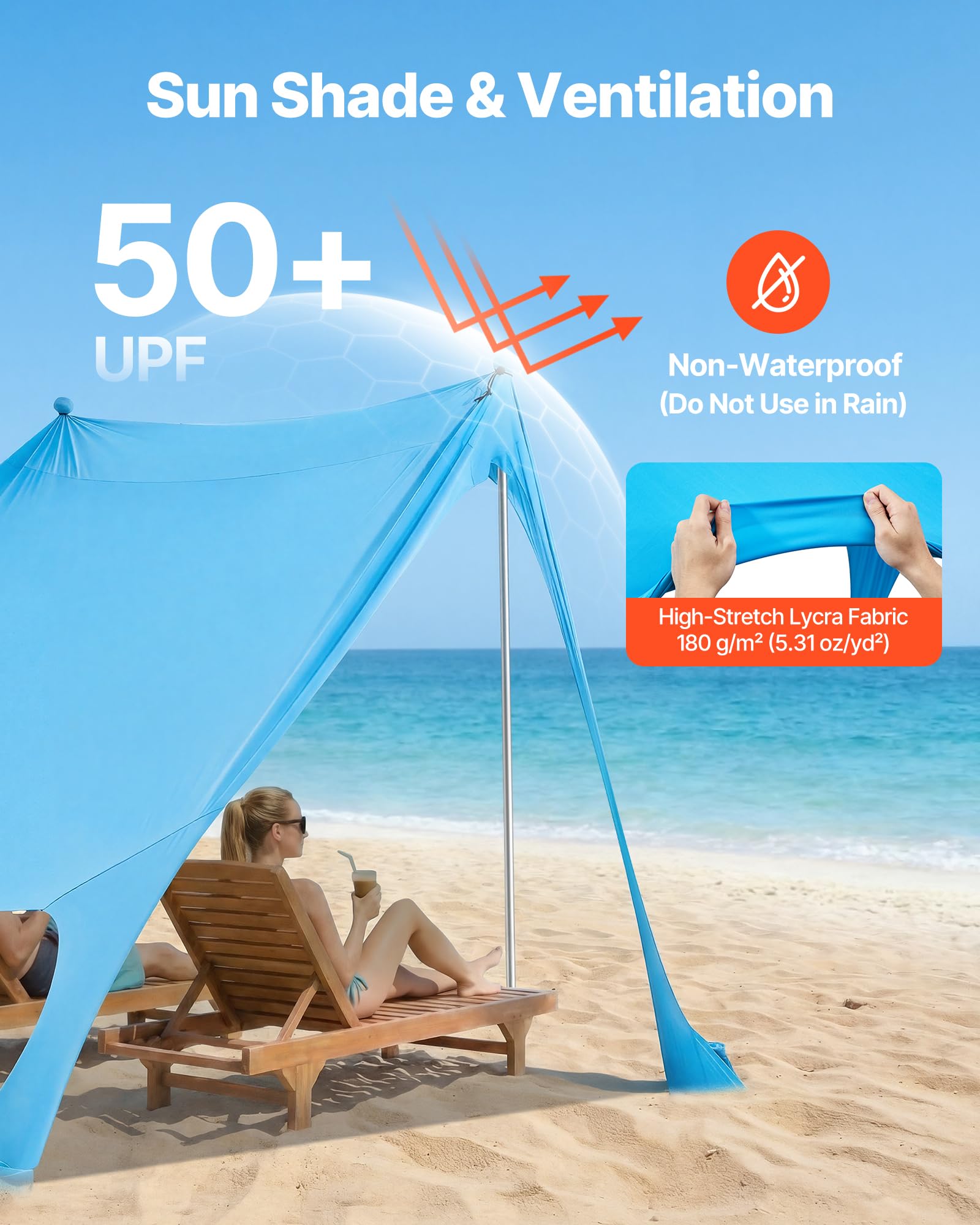 VEVOR Tenda Parasole Portatile da Spiaggia per Esterno Protezione Solare UPF50+ 2,3 x 2,3 x 2 m, Parasole da Spiaggia con Pali di Supporto Tenda Portatile per Campeggio Viaggio Pesca, Blu