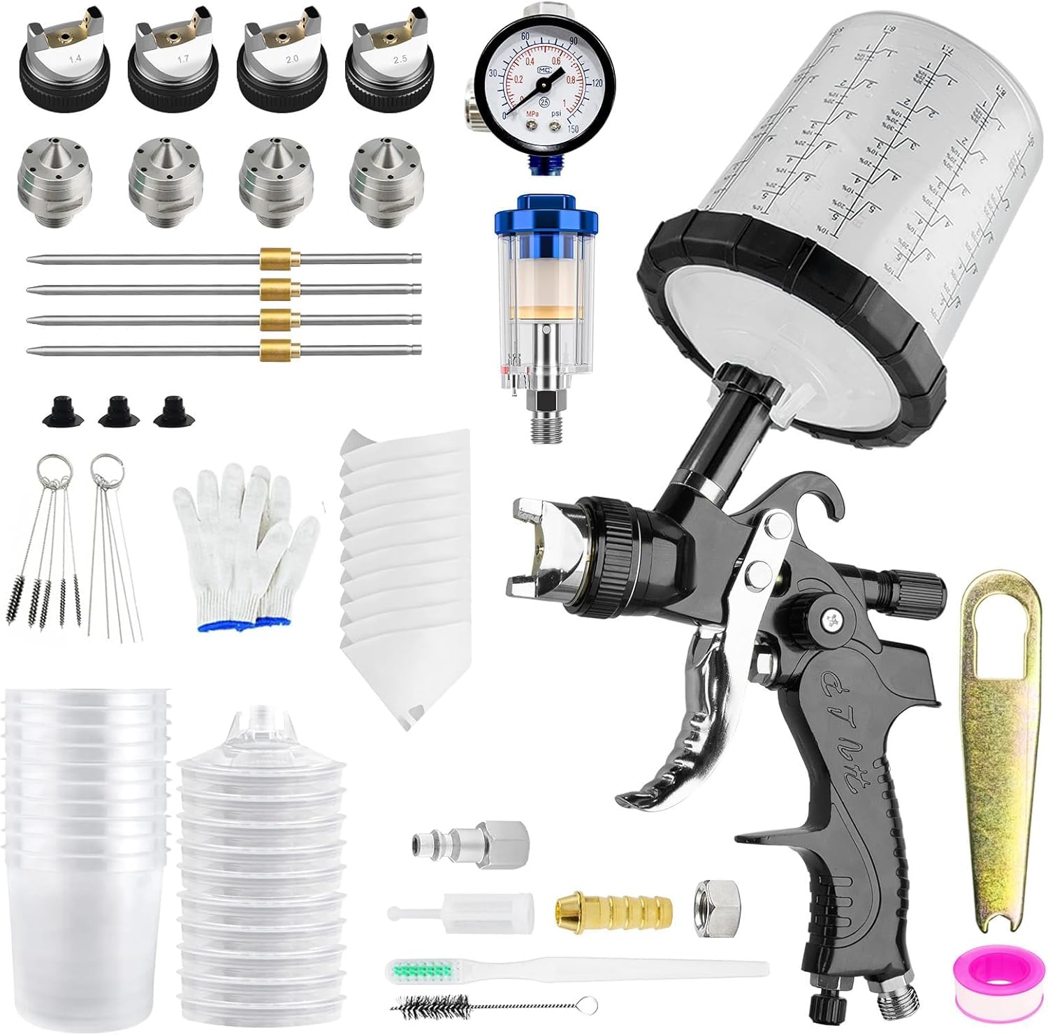 HVLP-Professionelle Druckluft-Lackierpistole, 4 Düsen (1,4/1,7/2,0/2,5 mm), Druckluft-Lackierpistole mit Schwerkraftzufuhr, 10 Einweg-Mischbecher à 650 ml (schwarz)