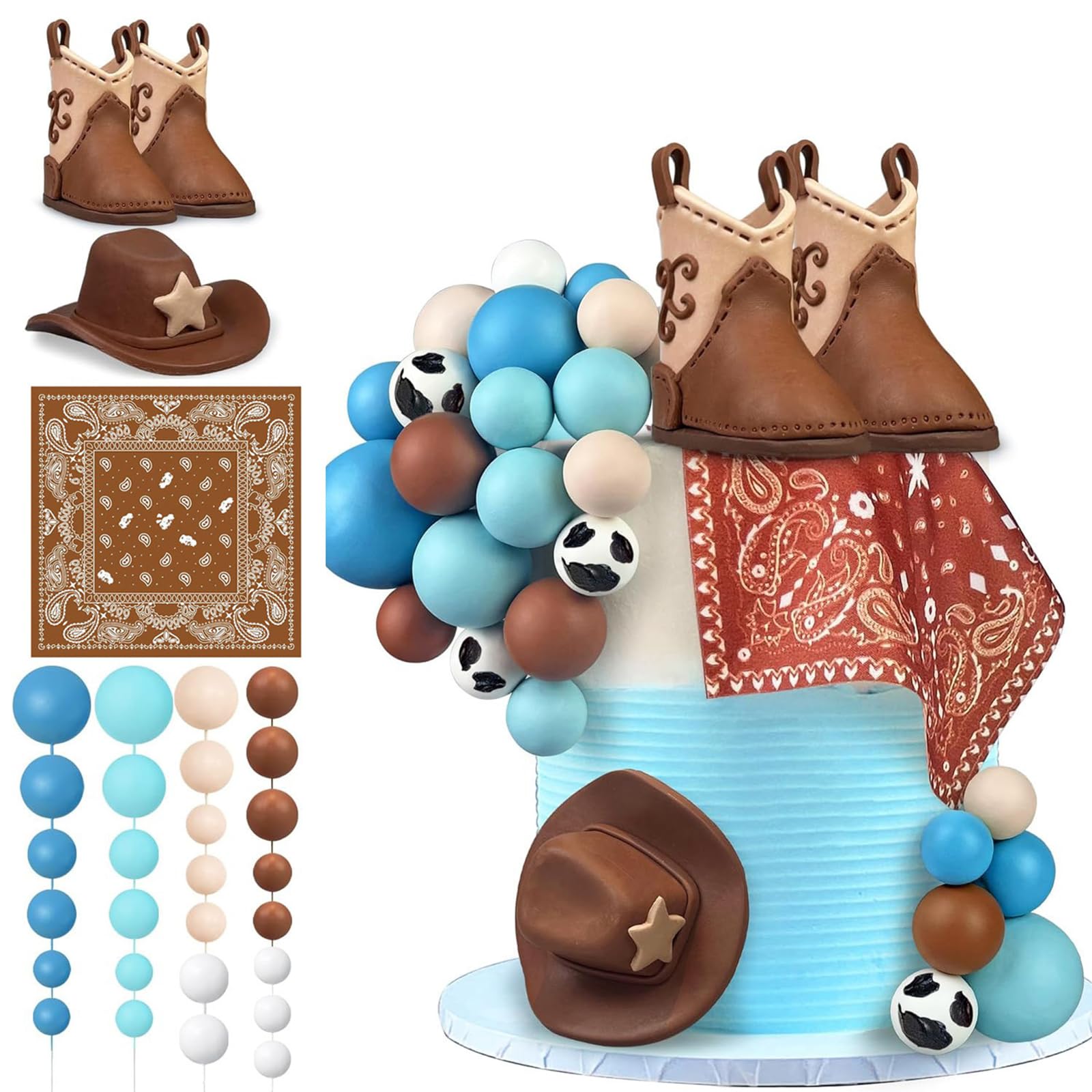 31Pcs Cowboy Cake Toppers Set, Cowboy Party Decorations with Ballons, Handkerchief, Cowboy Boots Toppers & Hat Cake Toppers, Western Party Decorations for Birthday Shower