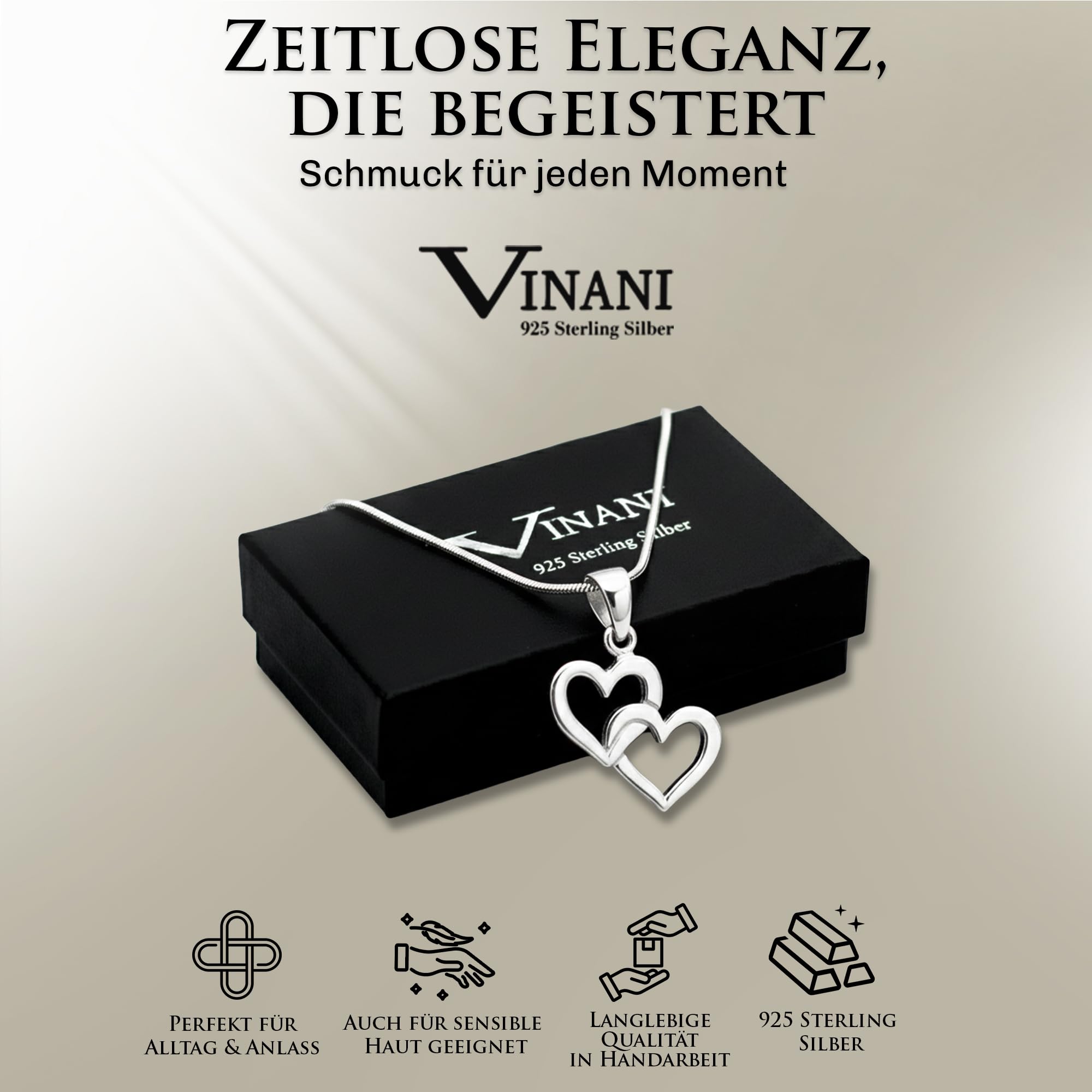 Herzkette 925 Sterling Silber mit 2 verbundenen Herzen für Damen, AAH-S | Glänzender Anhänger, Schlangenkette, nickelfrei, antiallergisch, langlebig verarbeitet, designed in Deutschland.