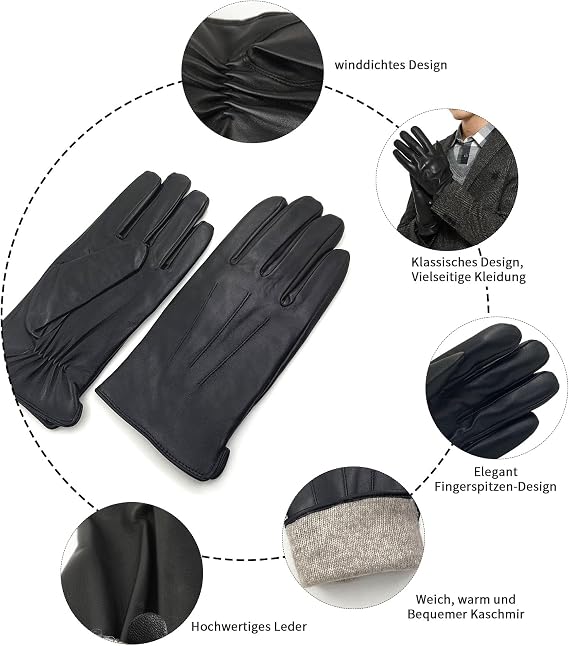 Men's Winter Genuine Sheepskin Leather Warm Gloves Cashmere or Wool Lining