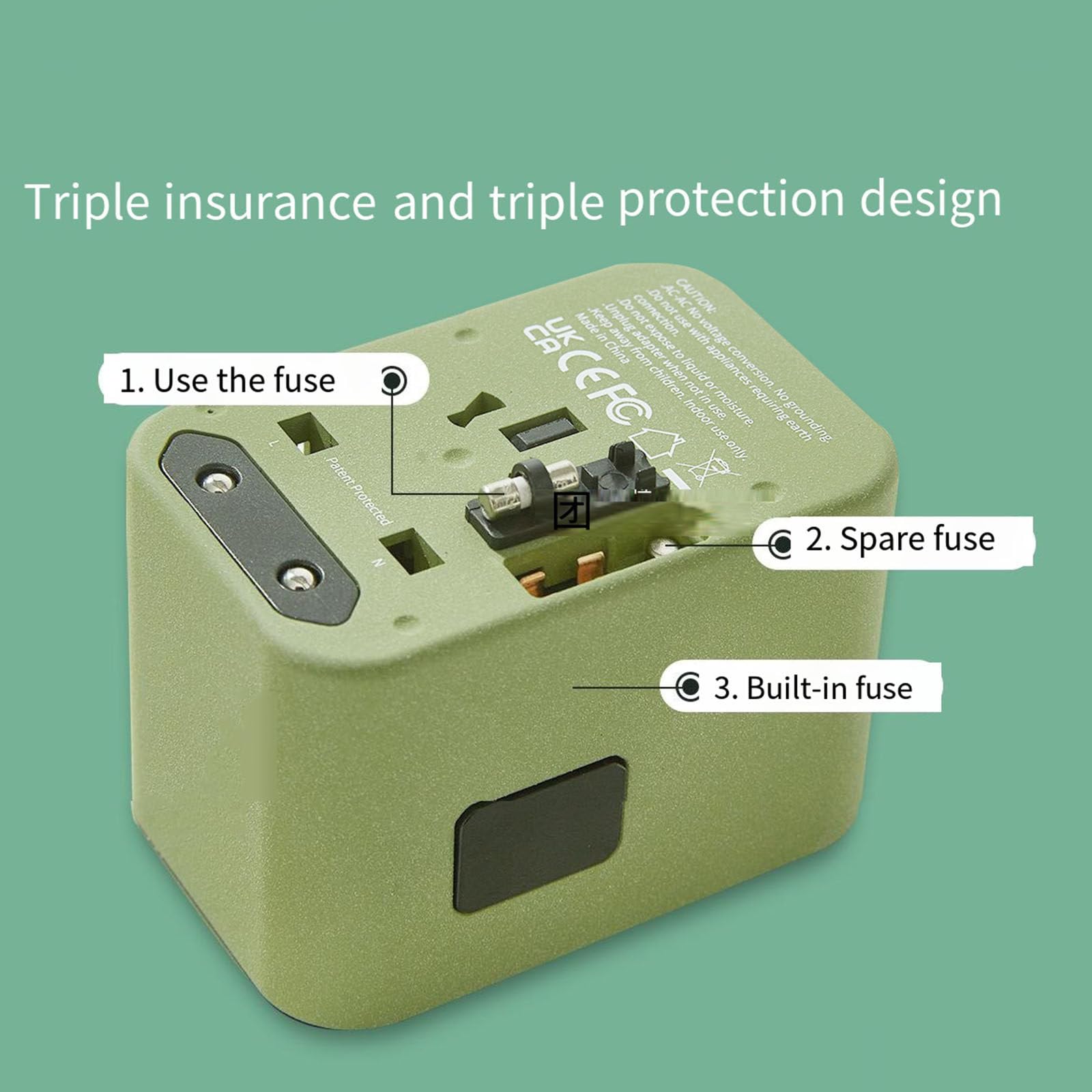 Adattatore da viaggio universale, 3 USB+2 Type-C+1 presa globale+pin universale, un caricabatterie da muro indispensabile per i viaggi globali,Green-TYPE-Cfastcharge