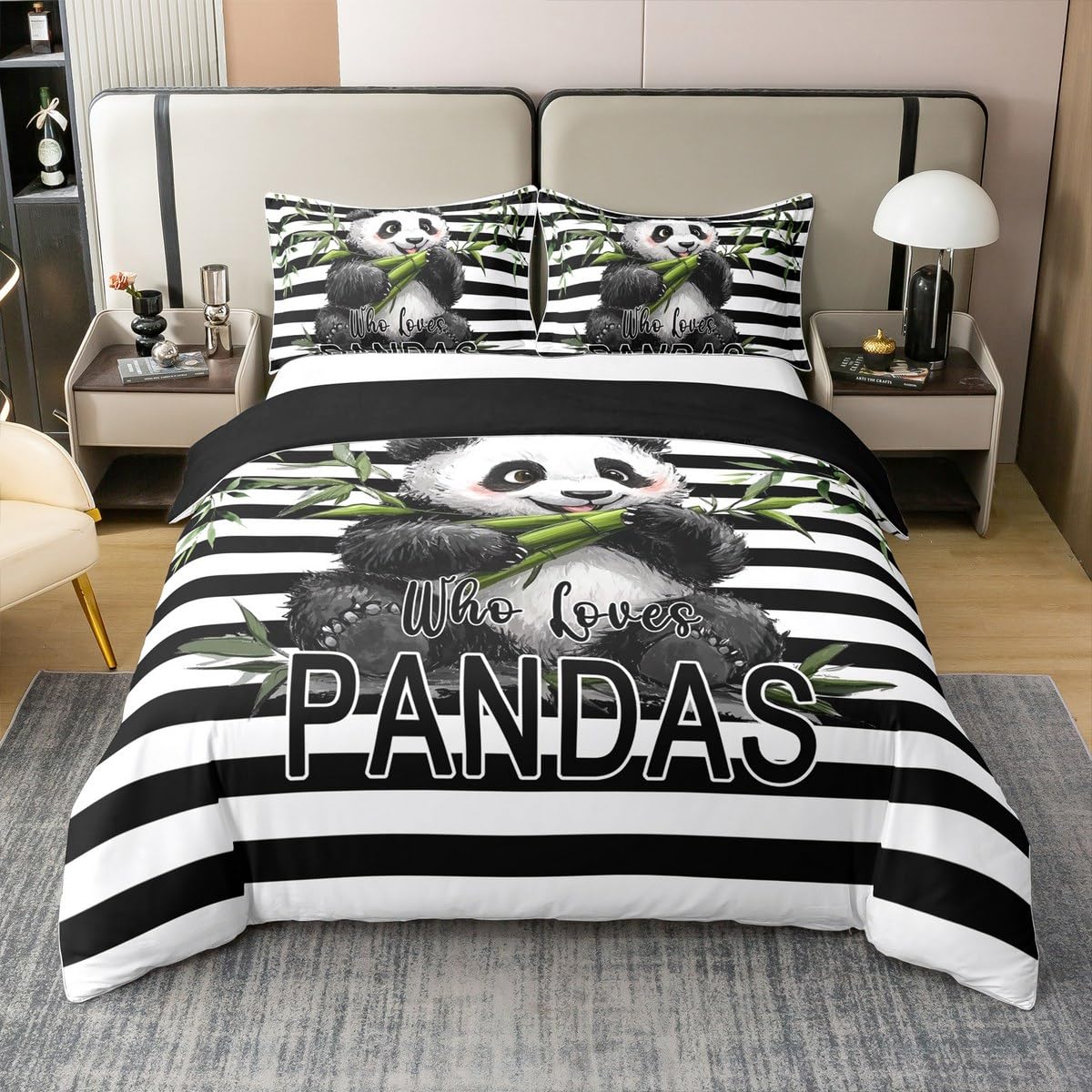 Panda 100% Cotton Duvet Cover Double 3 Pcs Watercolor Cute Cartoon Wild Animal Bedding Set for Kids Teens Adults Simple Geometric Black White Stripes Quilt Cover,2 Pillowcases(No Comforter)