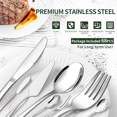 Miniatura 4 de CEKEE - Juego de cubiertos de 68 piezas con utensilios de servir, juego de cubiertos de acero inoxidable para 12, juego de cubiertos de alta