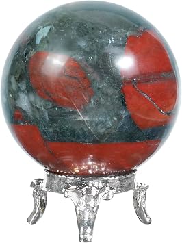 Crocon 50mm African Bloodstone Sphere Ball with Metal Stand 1400+ Carats Gemstone Ball Healing Sphere Sculpture Figurine for Fengshui Divination Home Decoration Photography Crystal Sphere