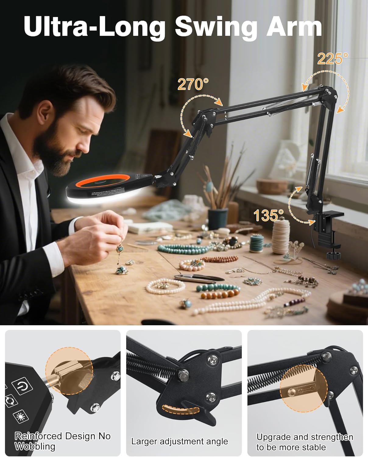 10X & 5X Magnifying Glass with Light, Ultra Long Swing Arm, 5 Colors & 10 Brightness, Real Glass Lens Large Magnifying Lamp for Craft Painting Workbench Jewelry Making Hobby Close Work (Orange)