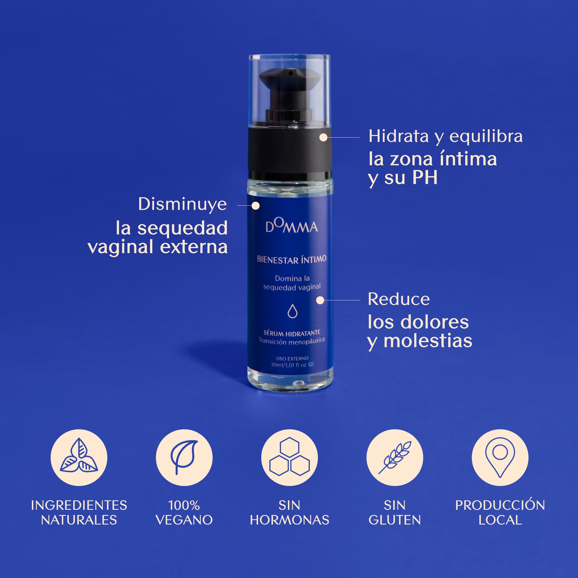 Menopausia - Bienestar Íntimo Domma | Sérum Hidratante Vaginal que Hidrata, Calma y Equilibra el pH de la zona Vulvar - con Aceites naturales como el de Almendras, Onagra y el de Aguacate | 30 ml