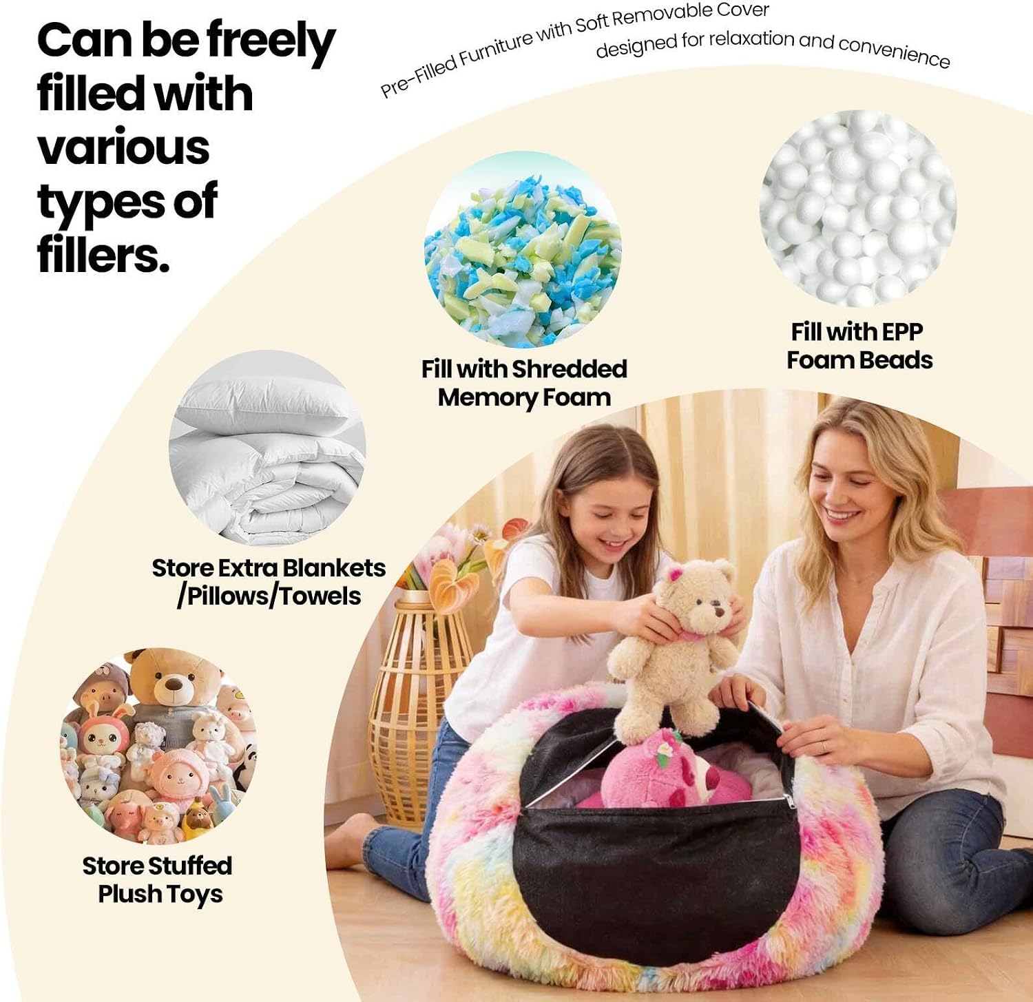 Fluffy Fuzzy Plush Rainbow Bean Bag Chair Covers – Soft Furry Shaggy Rainbow Bean Bag Chair Cover for Kids Girl, Stuffed Animals Bean Bag Storage, No Filler, 38"x38"x40"