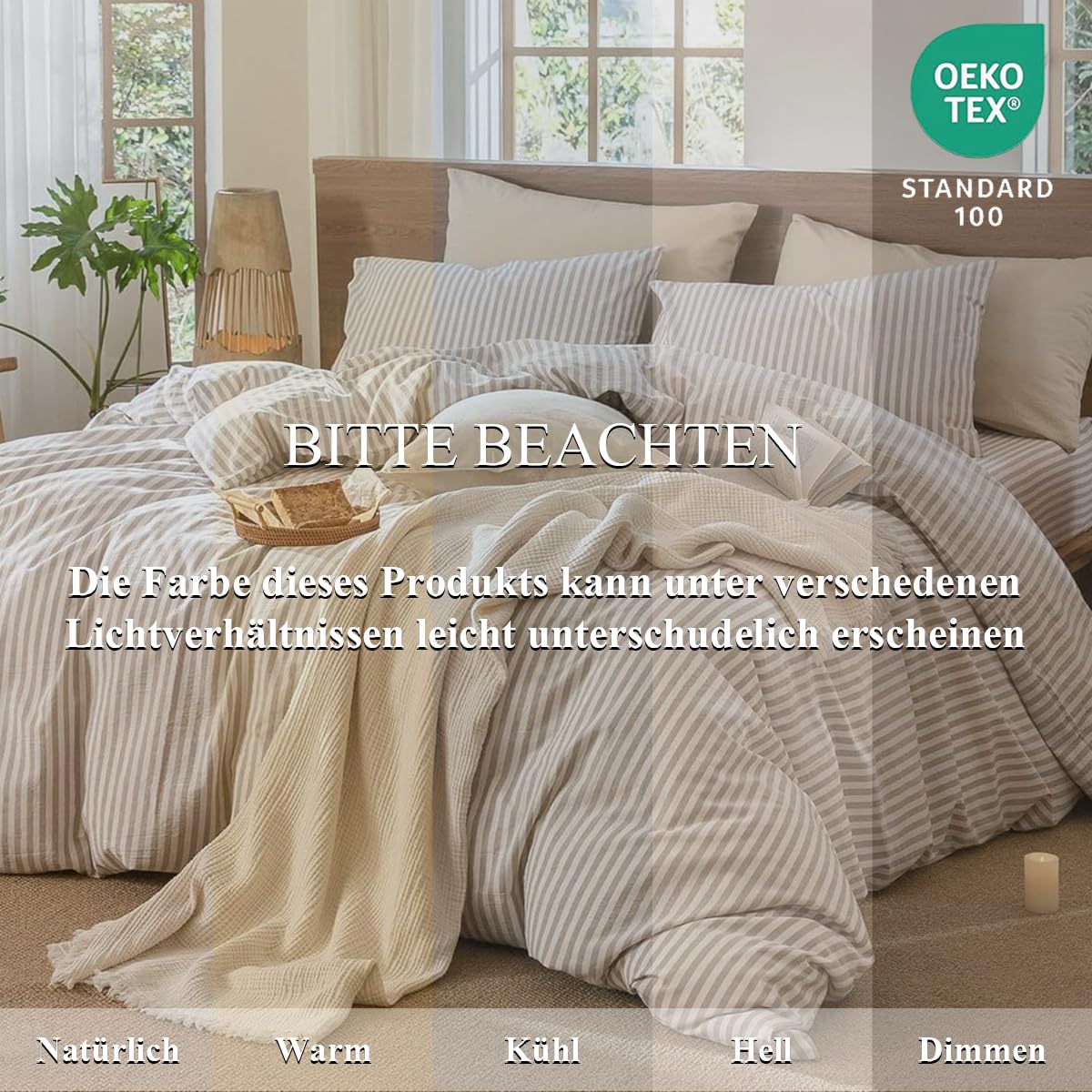 Lanqinglv Bettwäsche 220x240 Baumwolle Gestreift Beige,ÖKO-TEX Bettwäsche | Renforce Baumwolle Bettwäsche Set mit Reißverschluss,Bettwäsche für Allergiker Geeignet,2 Bettbezug & 2 Kissenbezug 80x80 cm