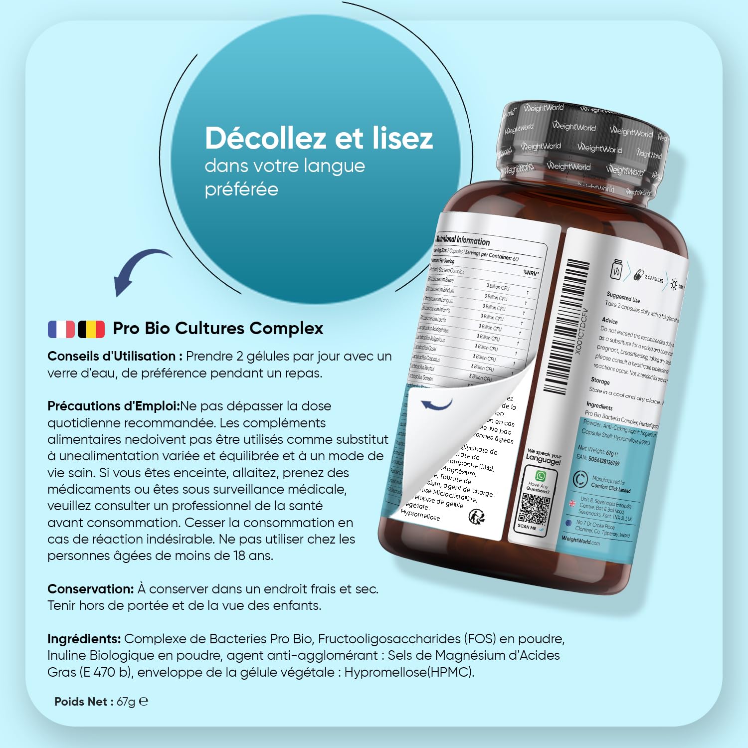 Probiotiques et Prébiotiques, 60 Milliards d'UFC 20 Souches Prébiotiques et Probiotiques, 120 Gélules Vegan, Lactobacillus Reuteri, Lactobacillus Gasseri, Plantarum, Bifidobacterium Longum, Infantis