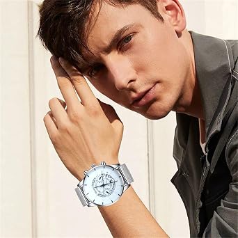 Singular-Point Watches for Men, Mens Watches Luxury Men's Business Calendar Watches Stainless Steel Mesh Belt Quartz Watch Analogue Watch with Large Face Men's Clothing Accessories