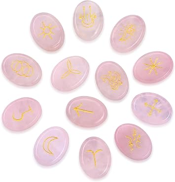 CrystalTears Rose Quartz Crystal Witches Rune Stones Healing Crystals Gemstone Engraved with Reiki Rune Symbol Natural Rose Quartz Stones Set for Witchcraft Reiki Healing Divination Meditation