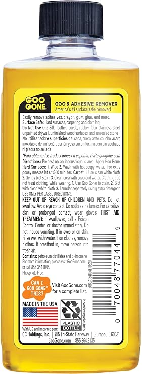 Goo Gone Original Adhesive Remover - 4 Ounce - Surface Safe Adhesive Remover Safely Removes Stickers Labels Decals Residue Tape Chewing Gum Grease Tar