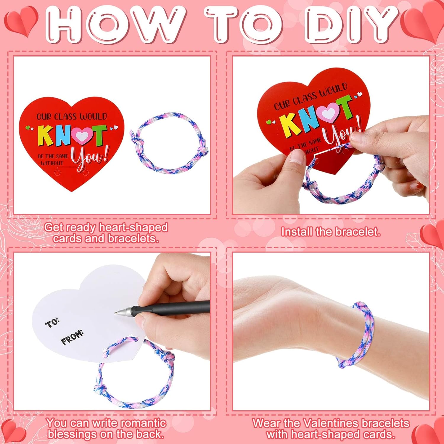 100 Pack Valentine Knot Bracelets with Card Student Valentine Gifts from Teacher Bulk Kids Friendship Bracelets Will Knot Be The Same Without You Classroom Exchange Cards for Party Favors - Image 3