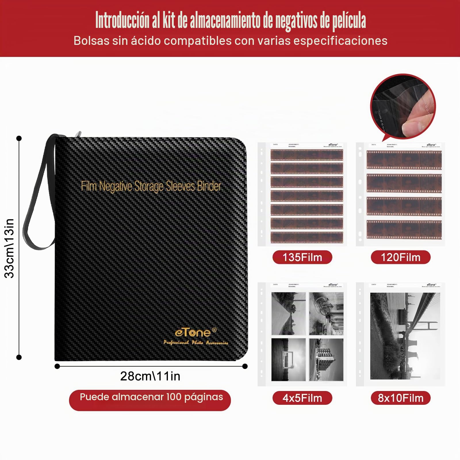 eTone Caja de almacenamiento de película negativa, piel sintética negra, 13.18 x 7.08 x 1.96 pulgadas, álbum de carpeta de 3 anillos con forro de terciopelo para negativos de 35 mm, 120 negativos de 4