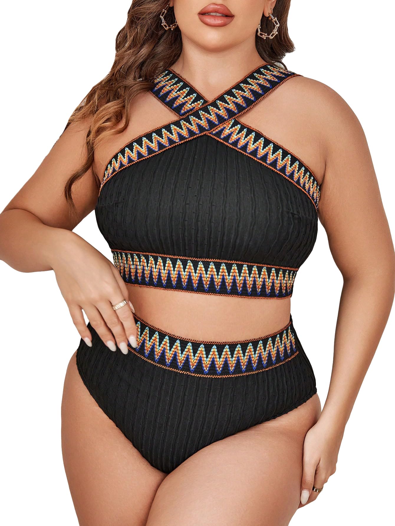 Size 3XL SOLY HUX Women's Plus Size Two Piece Swimsuit Chevron Print Criss Cross High Waisted Bikini Set Bathing Suits