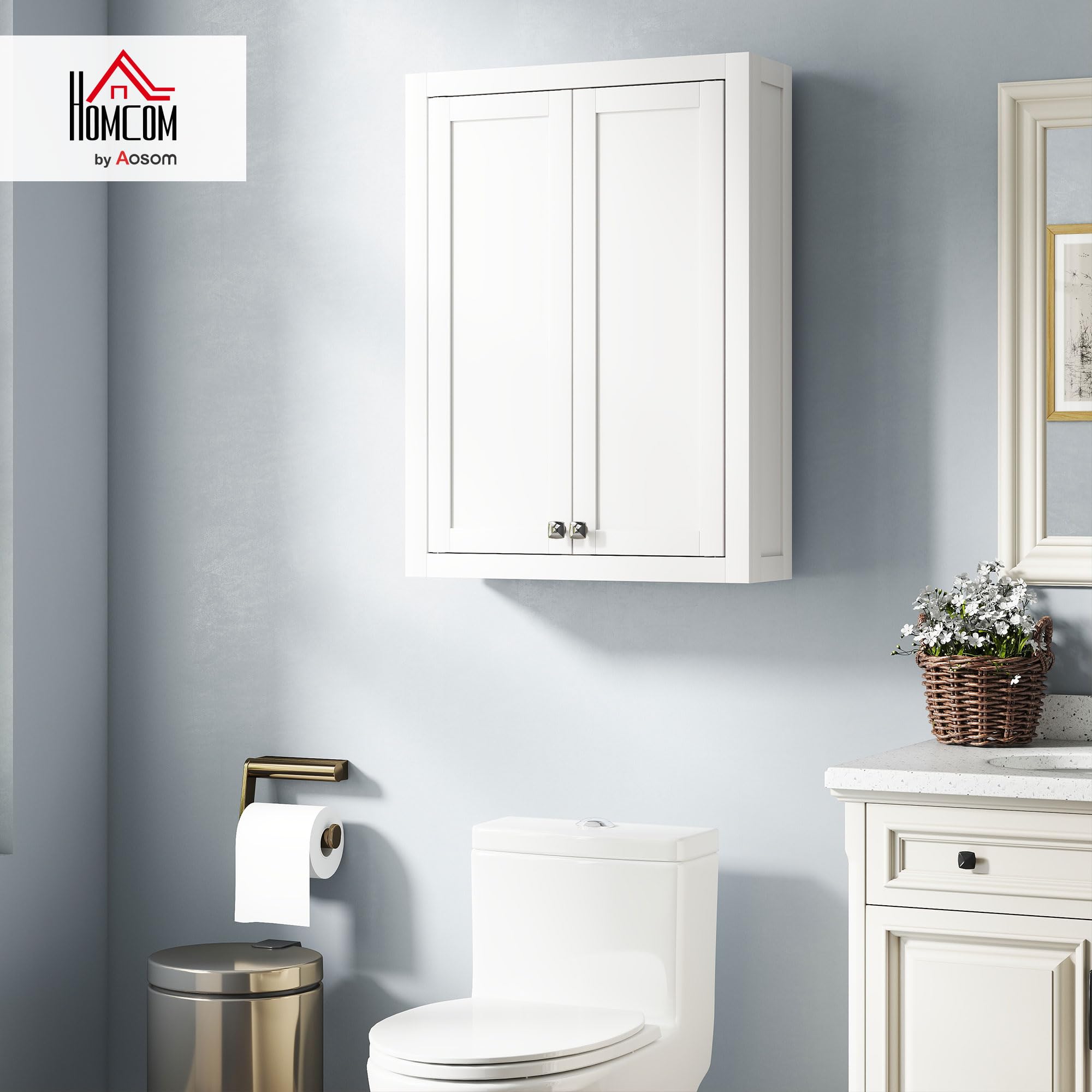 HOMCOM Armoire Murale de Salle de Bain 3 Niveaux, Meuble de Rangement Suspendu pour Salle de Bains avec 2 Portes et étagère réglable, Meuble WC Suspendu, 61 x 20 x 84 cm, Blanc