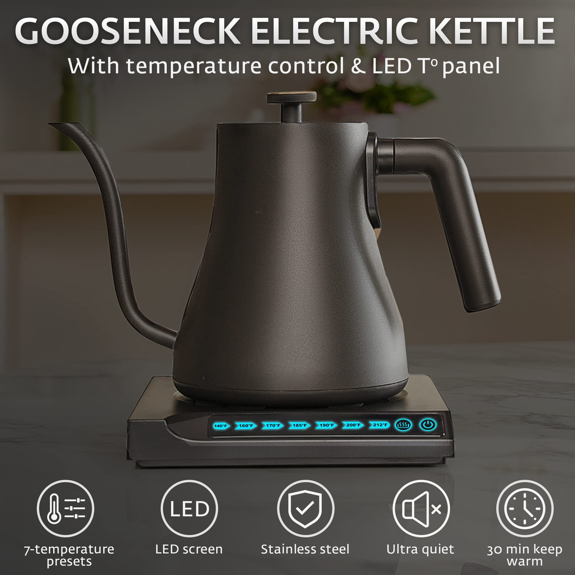 Gooseneck Electric Kettle Temperature Control With 7 Presets - Gooseneck Kettle for Coffee & Tea 100% Stainless Steel, Touch LED Panel, Automatic Shut Off, Fast Boil and Keep Warm Watter Kettle