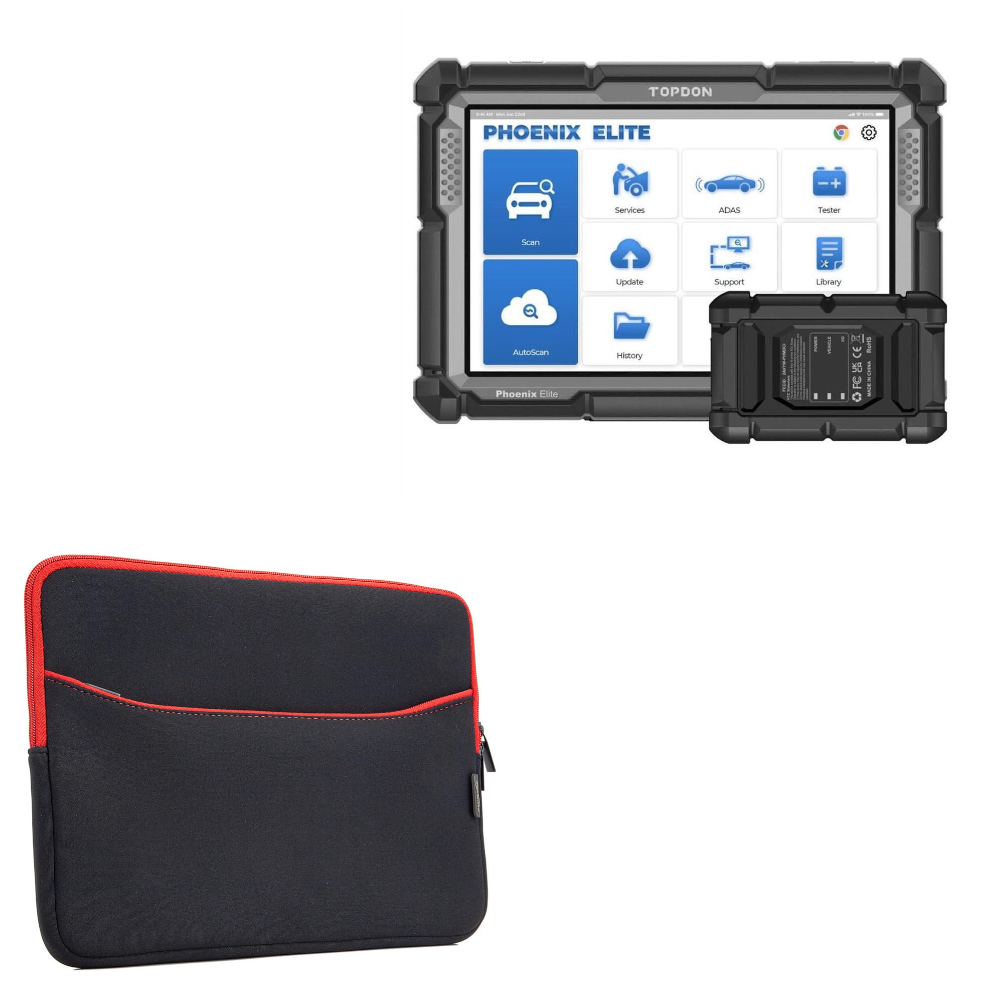 BoxWave Case Compatible with Topdon Phoenix Elite (10.1 in) - SoftSuit with Pocket, Soft Pouch Neoprene Cover Sleeve Zipper Pocket - Jet Black with Red Trim