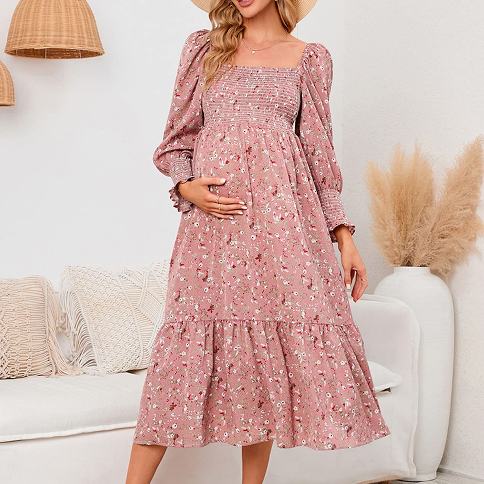 Generisch Abito premaman elegante, a maniche lunghe, in chiffon, con dettagli floreali, per la preparazione della gravidanza, accessori fotografici