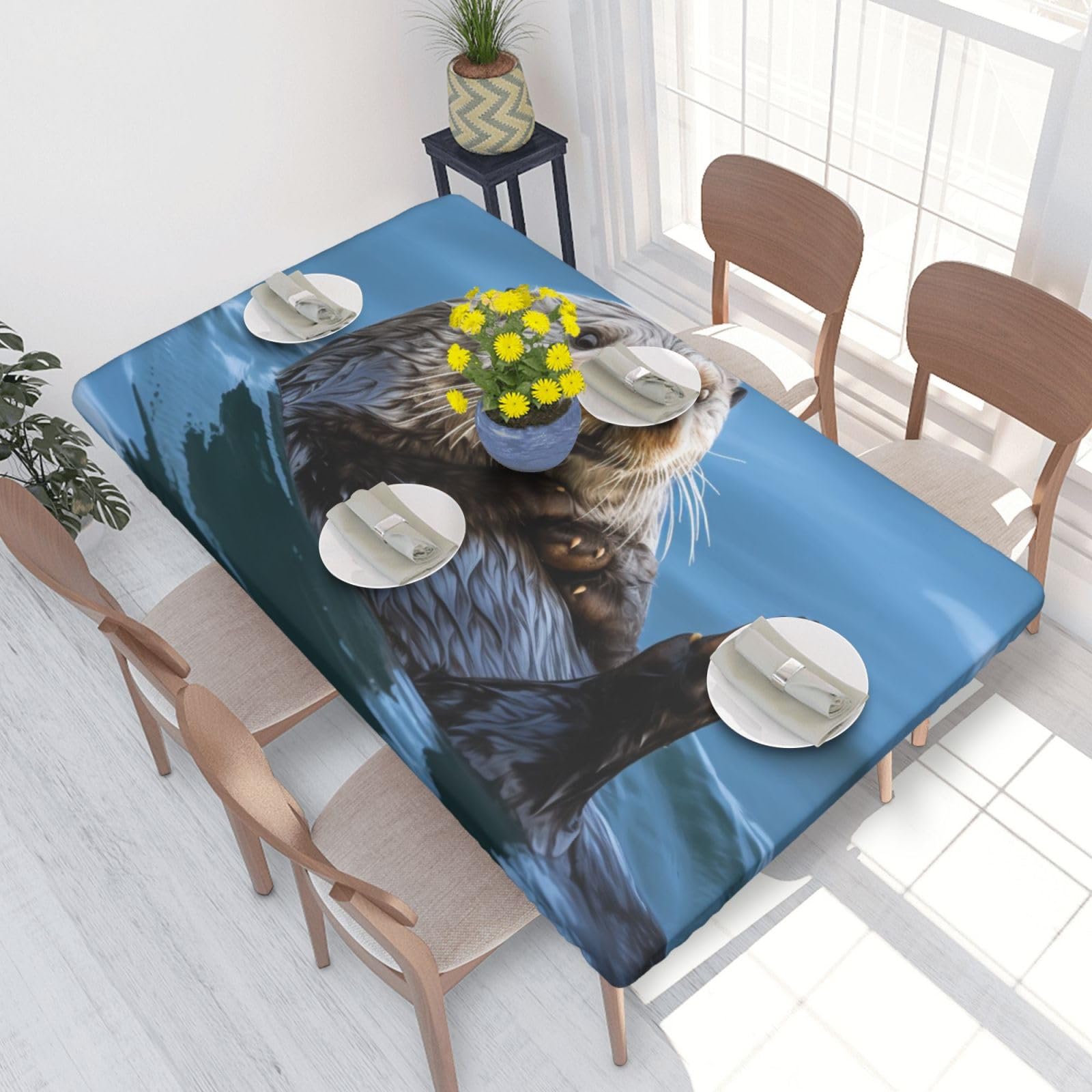 DCARSETCV Sea Otter Printed 4FT Waterproof Tablecloth with Elastic Edged Protect & Decor Your Table, Oil-proof Washable Table Cloth Cover for Dinner Picnic Party