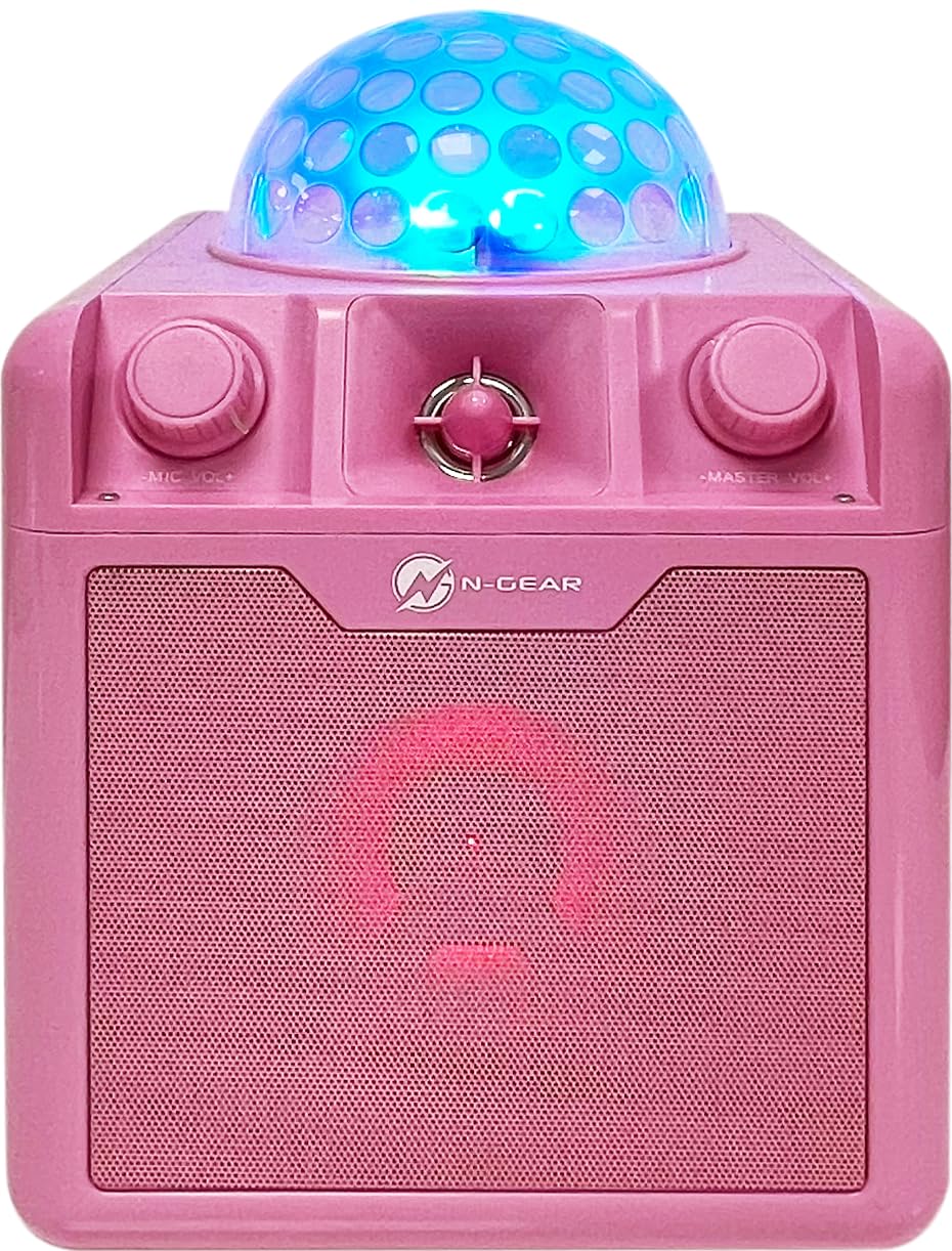 N-Gear Discoblock 410 mobiler Party Disco Musik Karaoke Maschine mit Discokugel Kinder - Disco Licht, 50 Watt Bluetooth Lautsprecher & Mikrofon Karaoke in einem, Rosa