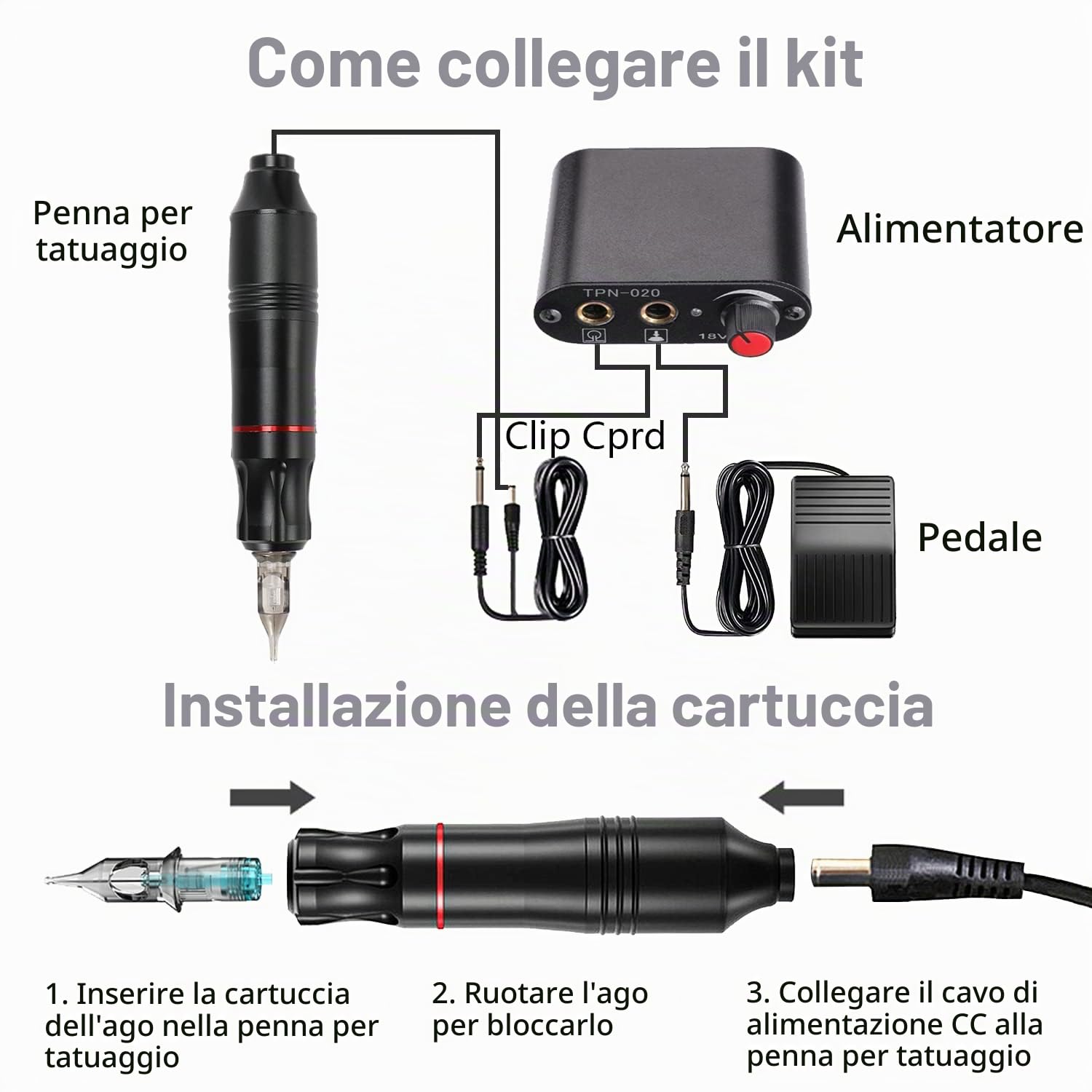 Kit Completo per Macchinetta per Tatuaggi, Inchiostri per Tatuaggi a 20 Colori, Kit per Tatuaggi Rotanti per Principianti, 20 Cartucce ad Ago, Kit Penna per Tatuaggi con Custodia (nero)