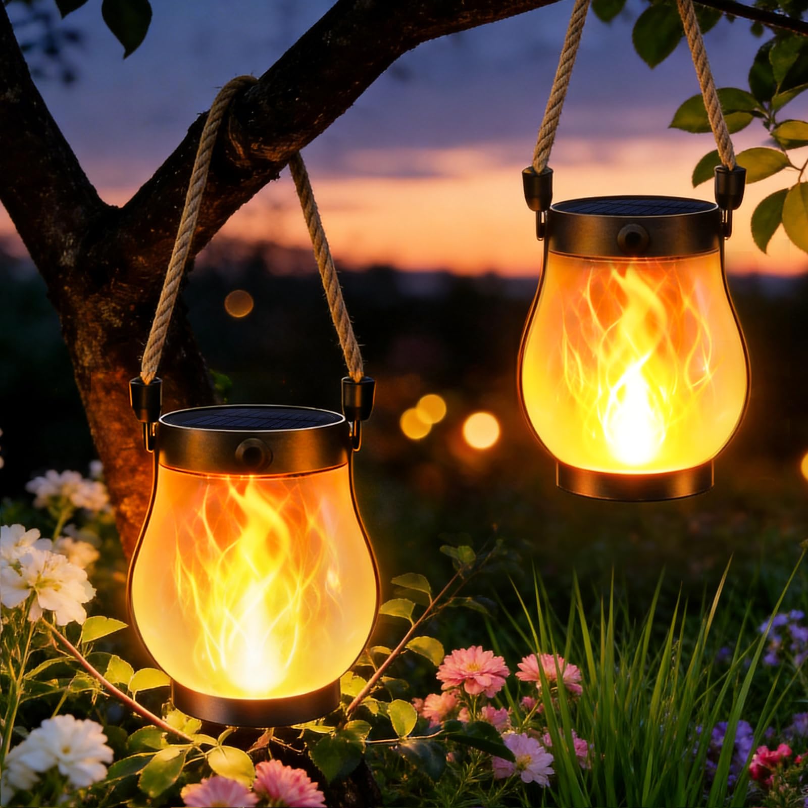 2 Stück Flamme Solar Lantern Hängend Außenleuchten, Solarlaterne mit flackernder Flamme, IP65 Wasserdicht, solarlaterne zum Aufhängen aus Hanfseil für Außen Garten Balkon Terrasse