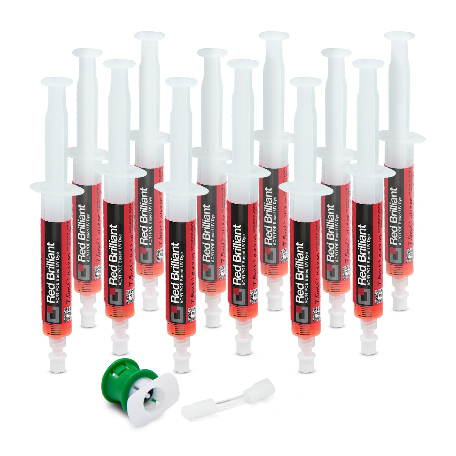 ERRECOM Red Brilliant - 12 x 7,5 ML, Traceur UV à Base POE pour localiser Fuites de Gaz Réfrigérant dans Les Systèmes A/C de Véhicules avec Compresseur Electrique, Contient Adaptateur pour R1234yf