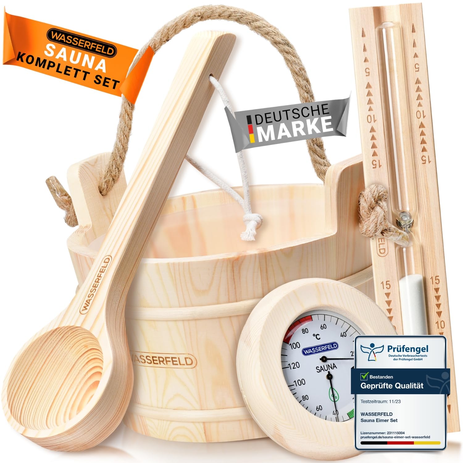 WASSERFELD® Seau de sauna (4 litres) – Seau de sauna de qualité supérieure avec truelle, sablier, thermomètre et hygromètre – Seau de sauna résistant à la chaleur de 4 l avec insert et corde de