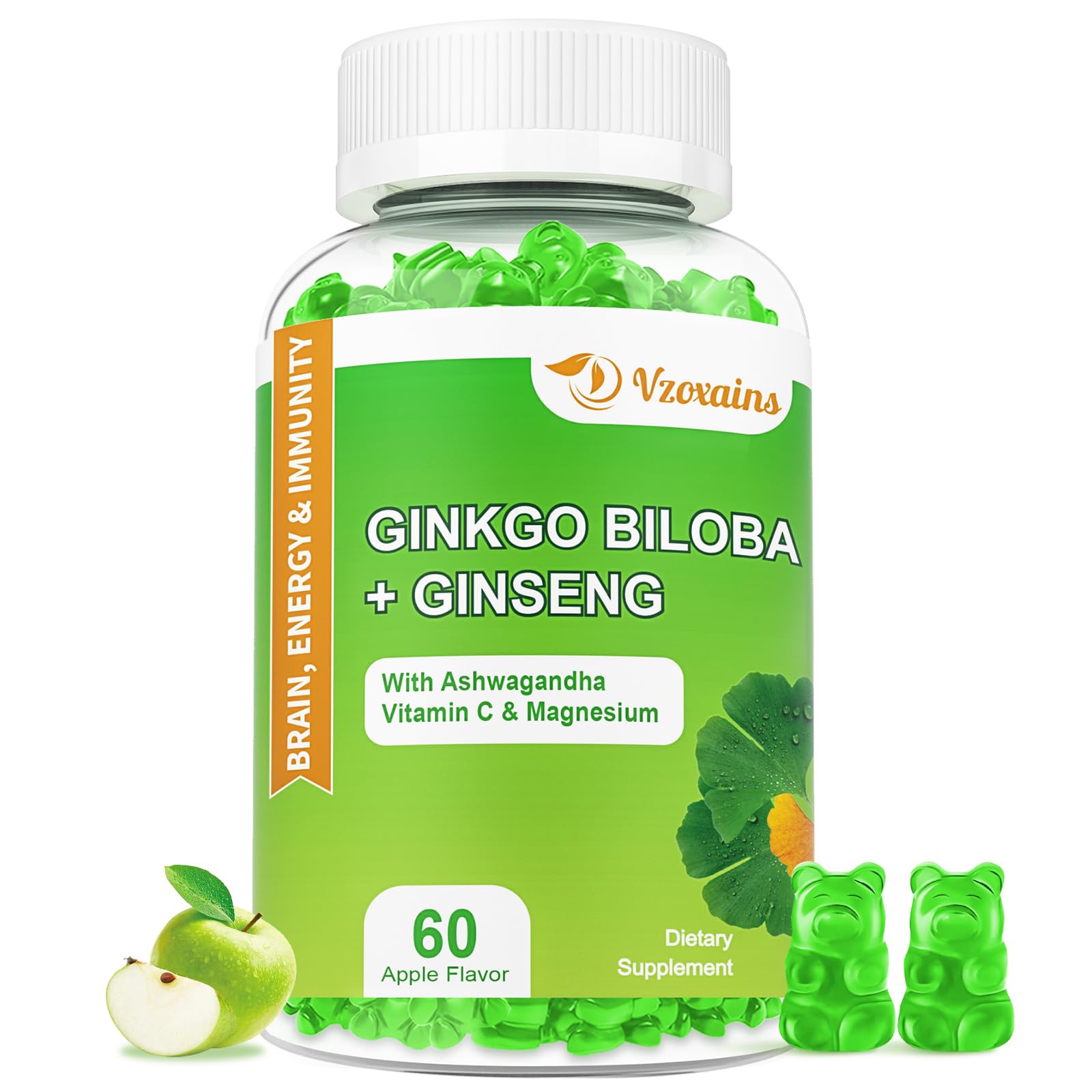 240MG Ginkgo Biloba Gummies with Ginseng and Magnesium, Ginko Biloba Supplements Gummies for Brain Focus, Mood and Memory for Adults, 60 Cts 60 Count (Pack of 1)
