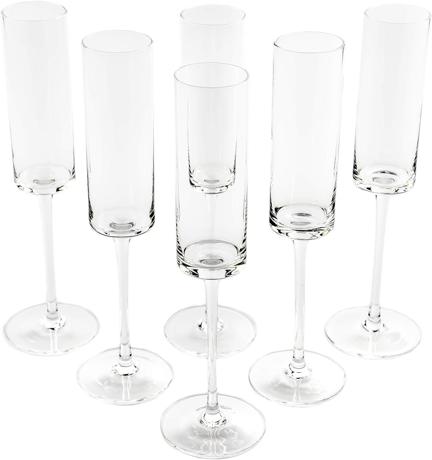 Aspen & Birch - Modern Champagne Flutes Set of 6 - Champagne Glasses - Mimosa Glasses, Crystal Stemware, Clear, 6 oz, Hand Blown Glass Champagne Flutes - Hand Crafted by Artisans